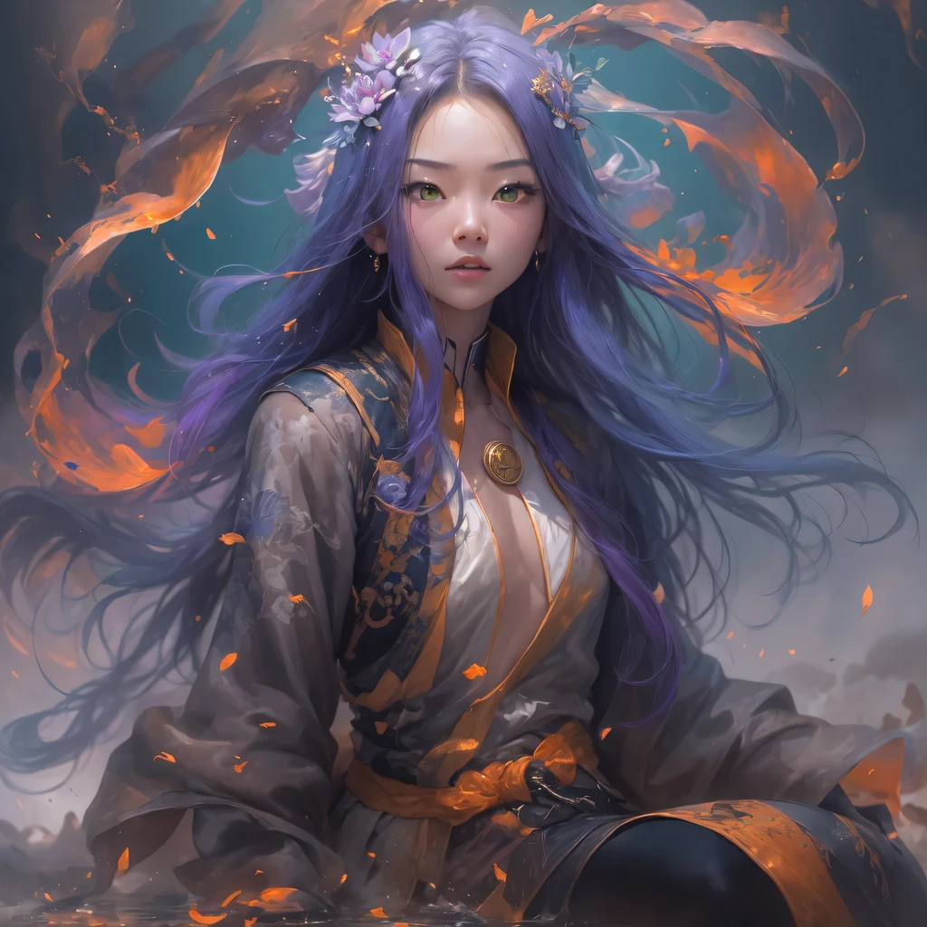 23679 Cyberpunk Year（masterpiece，HD，超HD，32k lotus root starch）Bright purple flowing hair，autumn pond， lotus root starch color， Asian （Michiko）， （silk scarf）， fighting stance， looking at the colorful balloons， Orange gradient long hair， ((Thick frame reflective jade windproof goggles))Floating bright purple， Fire cloud gold headdress， Chinese long-sleeved gold silk garment， （Abstract ink splash：1.2），mars background，lotus（realistically：1.4），bright purple hair，Smoke on the road，The background is very ivory、pure， high resolution， Detailed wind protection goggles， RAW photos lotus root starch， Sharp Re， Nikon D850 film photo by Jefferies Lee 4 Kodak Portra 400 camera F1.6 guns, rich and colorful, Super real、Vivid texture, dramatic lighting, Unreal Engine Art Station Trend, Silicon Nest 800