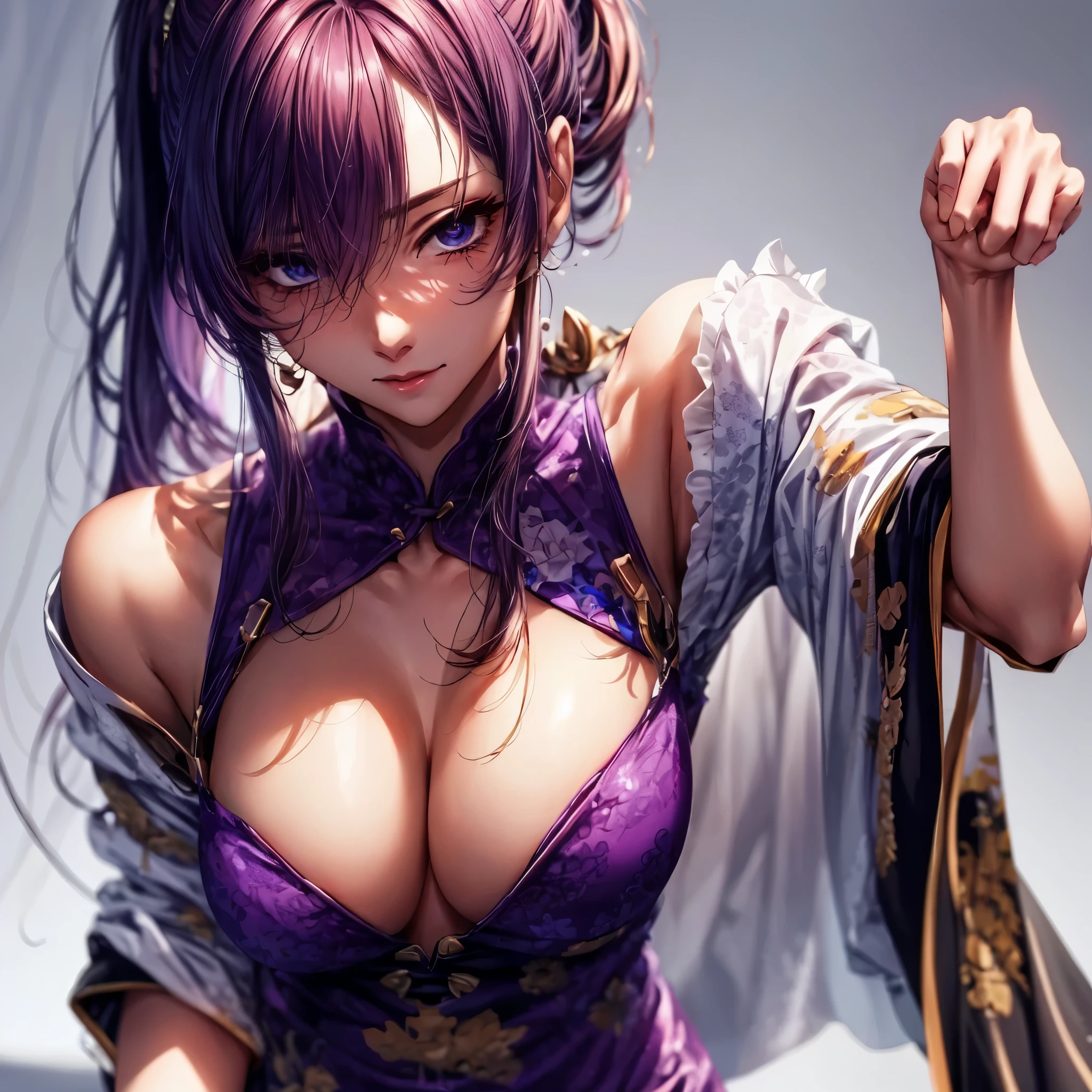 top-quality、tmasterpiece、Very high resolution、super high image quality、High-quality pixels)、perfect eyes, perfect face, perfect body figure,solo,8K, large breast,(Detailed description of hair), (Detailed description of face),(Detailed description of body), fair and clear skin, matchless beauty, long legged, purple long hair details expressed, detailed eyes, purple eye, detailed purple hair, proper finger