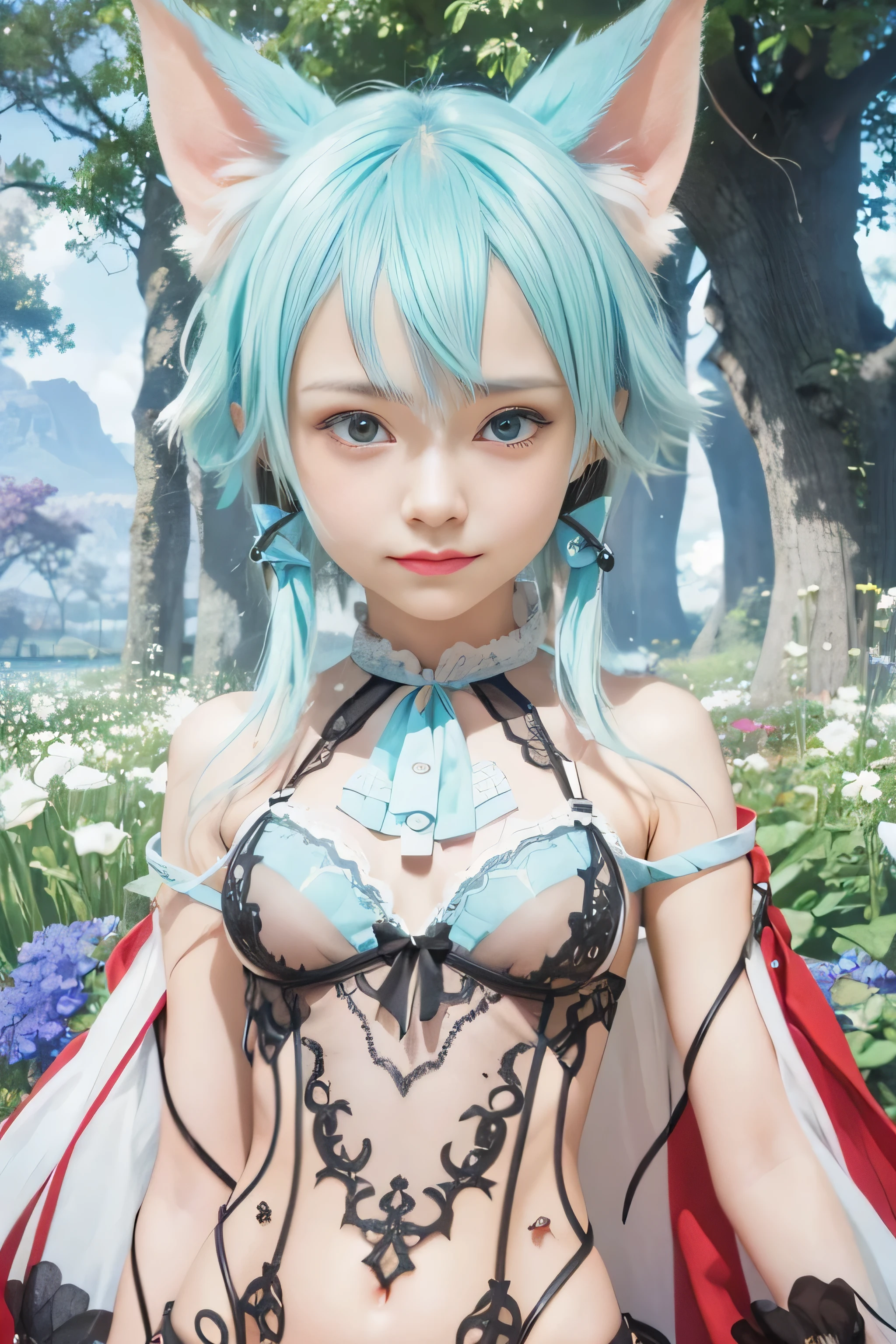 Realistic,masterpiece, best quality, (realistic,photo-realistic:1.4), (RAW photo:1.2),extremely detailed CG unity 8k wallpaper, delicate and beautiful, amazing,finely detail, official art, absurdres, incredibly absurdres, huge filesize, ultra-detailed,extremely detailed eyes and face, light on face,sinon,little smile,(cyan hair:1.3),(wearinglingerie:1.4),blu flower field,cat ears,very short hair,sidelocks,hair ribbon