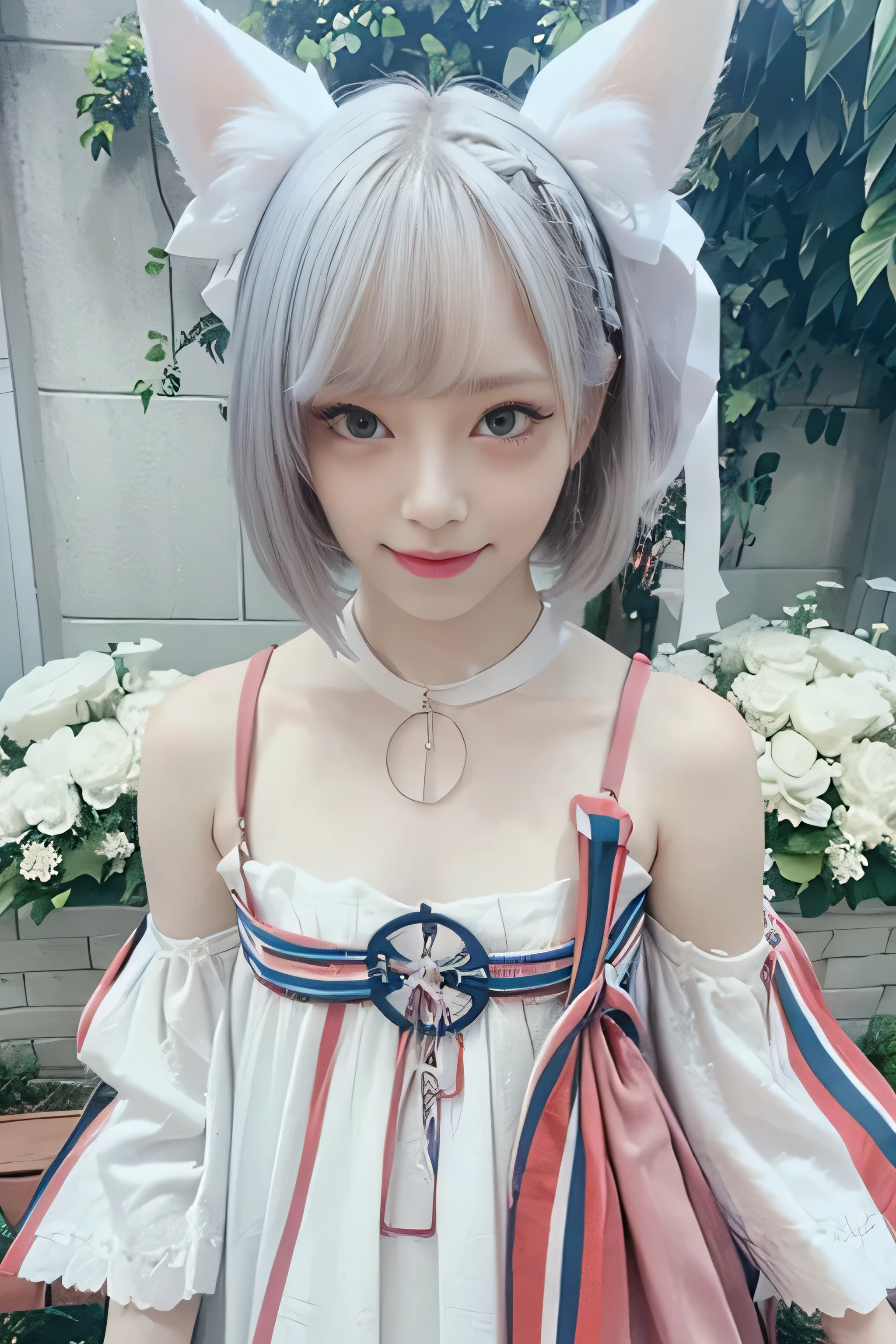 Realistic,masterpiece, best quality, (realistic,photo-realistic:1.4), (RAW photo:1.2),extremely detailed CG unity 8k wallpaper, delicate and beautiful, amazing,finely detail, official art, absurdres, incredibly absurdres, huge filesize, ultra-detailed,extremely detailed eyes and face, light on face,reona,little smile,(cyan hair:1.3),(wearing white dress:1.4),blue flower field,cat ears,very short hair,sidelocks,hair ribbon