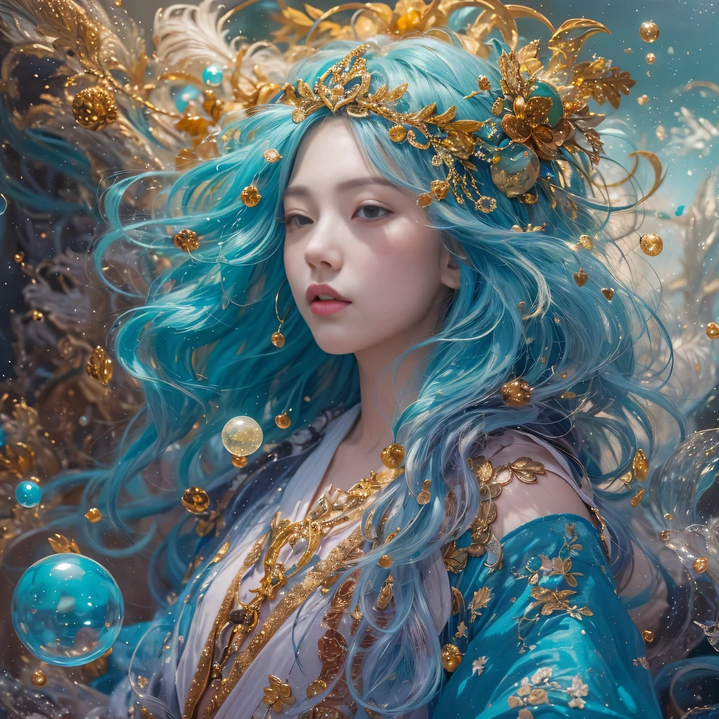 blue，blue，enamel，agates，A flesh-colored world，Blood Blue Maiden 32k（masterpiece，HD，Aoyama Pond，超HD，32k）长长的飘逸亮blue头发，blood pool，Ziddink， a color，Grumpy （After greeting）， （Linen scarf）， fighting stance， looking at the ground， long white hair， 漂浮的亮blue， Fire cloud gold headdress， Chinese long-sleeved gold silk burgundy garment， （Abstract metaverse splash：1.2）， White background，Peony flower vitality protector（realistically：1.4），bright purple hair，Smoke on the road，The background is very pure， high resolution， detail， RAW photos， Sharp Re， Nikon D850 film photo by Jefferies Lee 4 Kodak Portra 400 camera F1.6 guns, colorful, Ultra-realistic and vivid textures, dramatic lighting, Unreal Engine Art Station Trend, Sinest 800，一个有着长长的飘逸亮blue头发的女孩，huge colorful bubbles