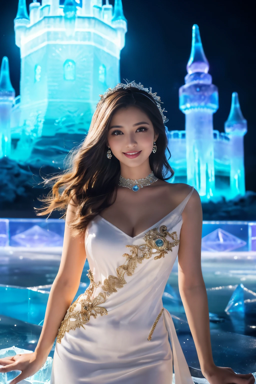 ((table top:1.4, highest quality)), (realistic pictures:1.4), 
((1 girl)), 
(超High resolution:1.2), very delicate and beautiful, wonderful, 
Highly detailed CG Unity 8K wallpaper, Super detailed, High resolution, soft light, 
beautiful detailed girl, highly detailed eyes and face, beautifully detailed nose, beautiful and detailed eyes, 
(wearing a dressed up costume:1.4),
cinematic lighting, perfect anatomy, slender body, thin chest,
(In front of the illuminated ice castle at night:1.3), (outdoor:1.3),
cowboy shot, looking at the viewer, smile
