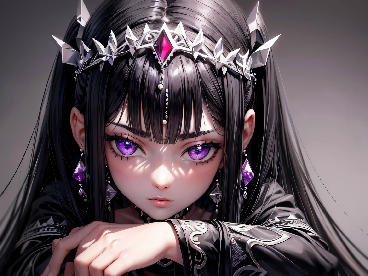 realistic and detailed black-and-white portrait of a 17-year-old girl with long black hair with a tiara inlaid with pentagonal rubies and blue sapphires, made of silver metal, with a purple tint, interspersed with pearls. Silver half-shades between rubies. And black triangle studs above rubies