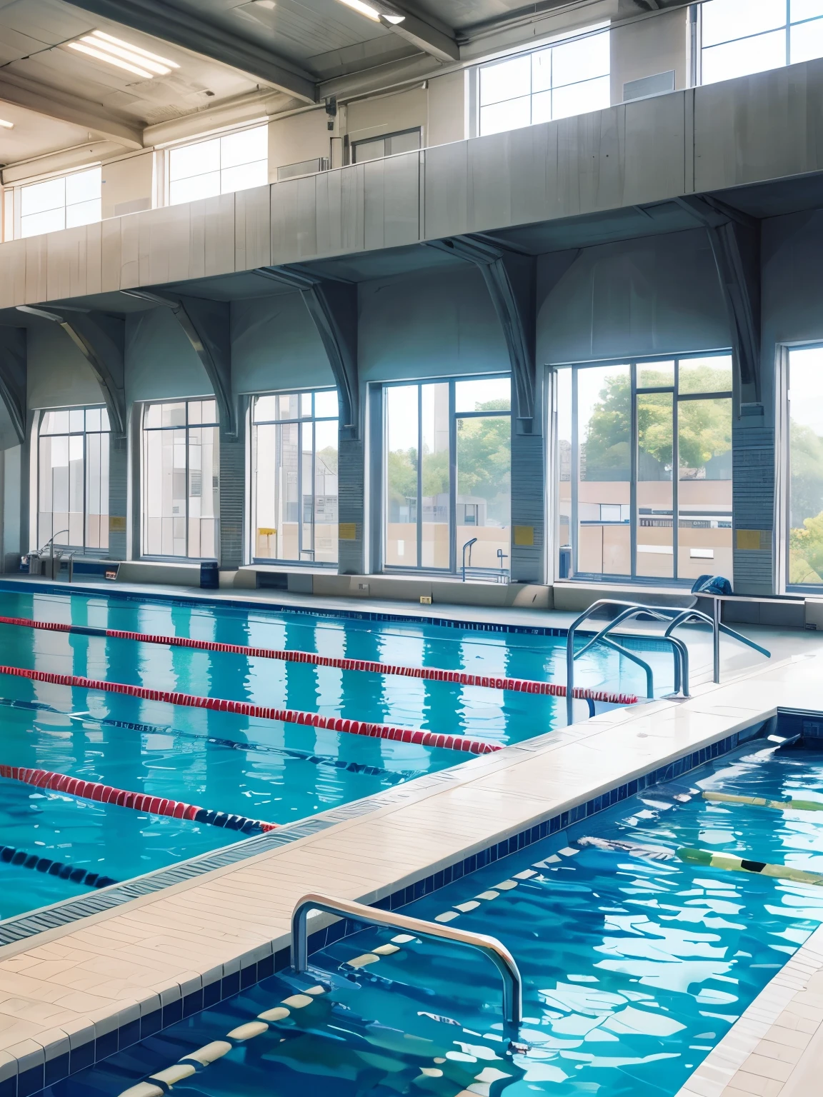 Drawing of a university swimming pool, guard rail, swimming lanes, big windows