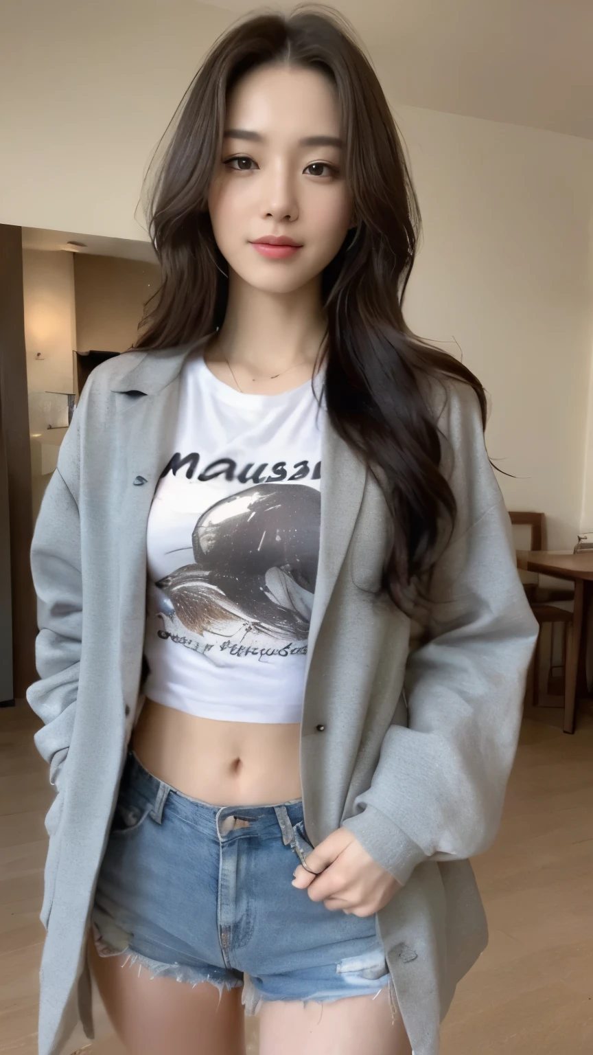 ((top-quality、8k、masterpiece:1.3))、Beautiful woman with perfect body:1.4、slim abdomen:1.2、Longhair, normal breast, Highly detailed facial and skin texture, A detailed eye, delicate eyes, double eyelid, (smile), (full body shot), ((restaurant)), (standing), (((wearing t-shirt with jacket))), looking in front