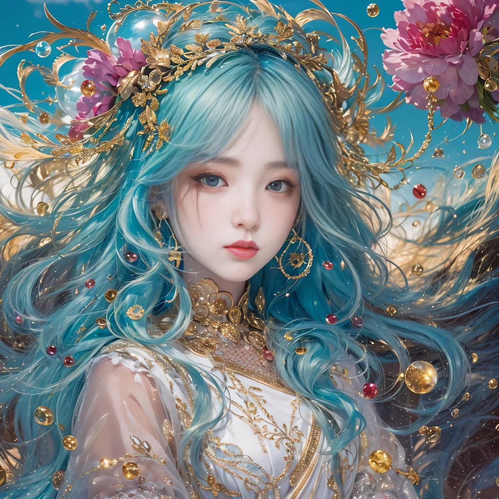blue,blue,enamel,agates,A flesh-colored world,Blood Blue Maiden 32k(masterpiece,HD,Aoyama Pond,超HD,32k)长长的飘逸亮blue头发,blood pool,Ziddink, a color,Grumpy (After greeting), (Linen scarf), fighting stance, looking at the ground, long white hair, 漂浮的亮blue, Fire cloud gold headdress, Chinese long-sleeved gold silk burgundy garment, (Abstract metaverse splash:1.2), White background,Peony flower vitality protector(realistically:1.4),bright purple hair,Smoke on the road,The background is very pure, high resolution, detail, RAW photos, Sharp Re, Nikon D850 film photo by Jefferies Lee 4 Kodak Portra 400 camera F1.6 guns, colorful, Ultra-realistic and vivid textures, dramatic lighting, Unreal Engine Art Station Trend, Sinest 800,一个有着长长的飘逸亮blue头发的女孩,huge colorful bubbles