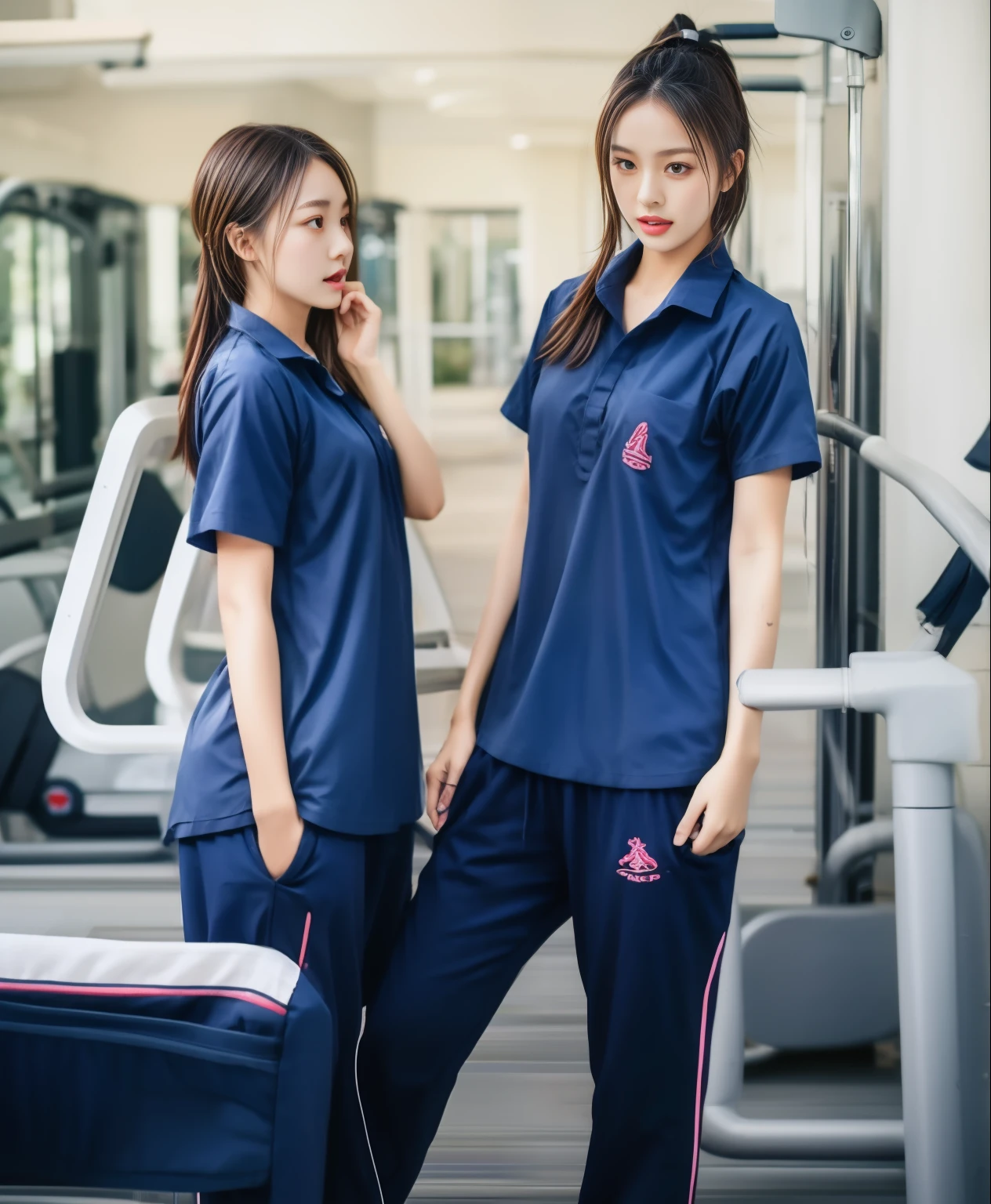 3 girls in fitness center, Navy blue short-sleeved shirt,Navy Long Trackpant,Sweatpants, Sweatpantsขายาว,25 year old girl, lesbian, sexy, exercise clothes, wet body, exercise clothes