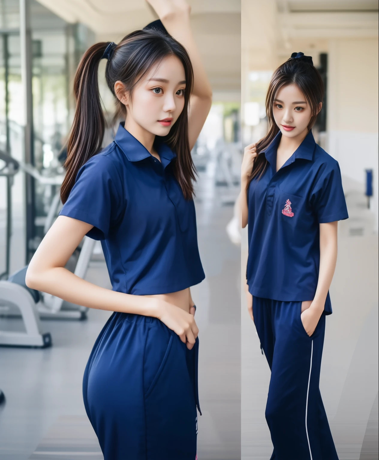3 girls in fitness center, Navy blue short-sleeved shirt,Navy Long Trackpant,Sweatpants, Sweatpantsขายาว,25 year old girl, lesbian, sexy, exercise clothes, wet body, exercise clothes