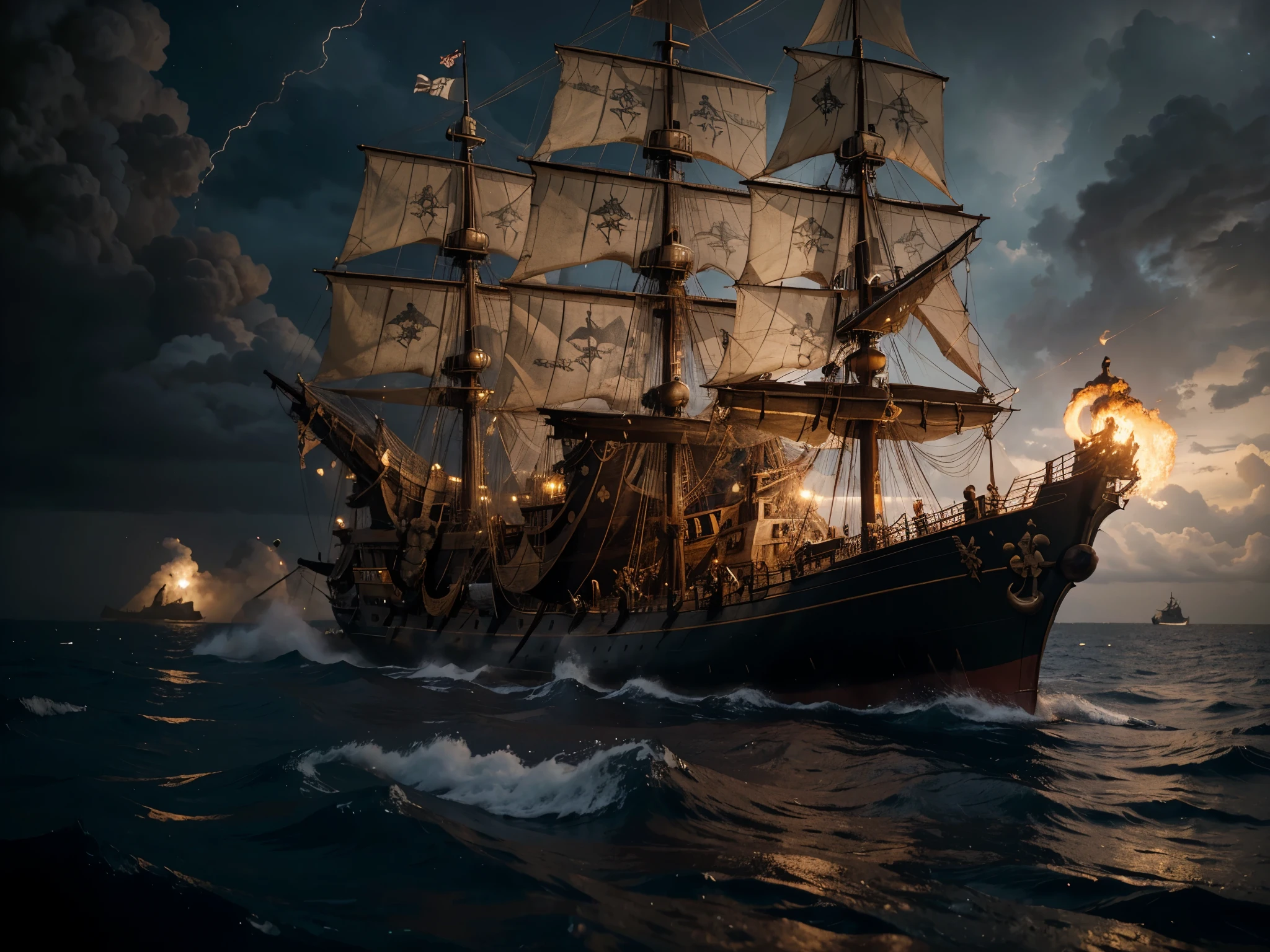 Epic pirate ship Black Pearl, identical to the ship from the film Pirates of the Caribbean. Sailing on a stormy sea. fire, sparks, must, Smoke, night. close-up, 16th century, colonial, Highly detailed, Realistic, fantasy, 4k