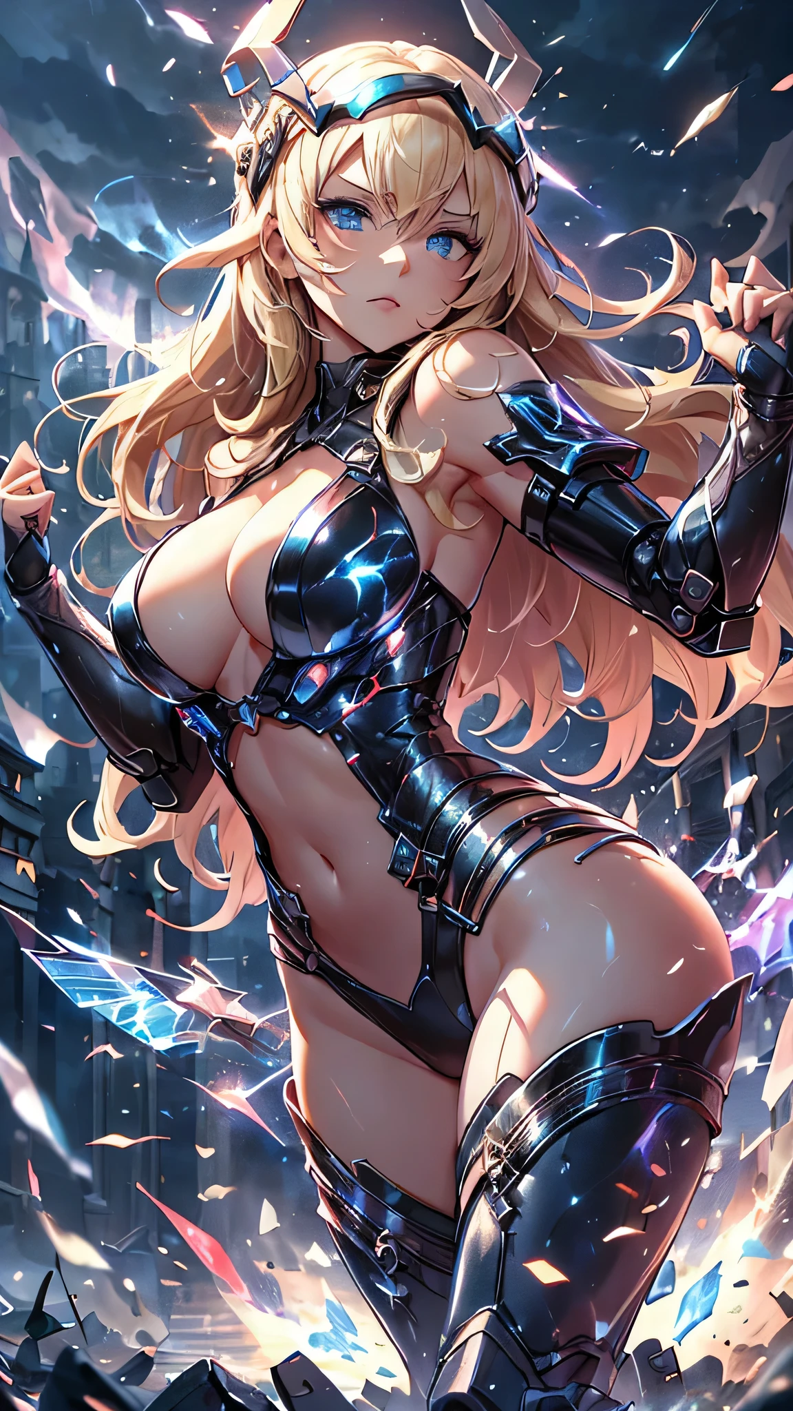 最high quality、best image quality、masterpiece、Android Girl((Robot body、20-year-old、 By becoming、vest bust、medium bust,wide open breast tea、black eye, blonde hair、long hair、thin,highest valley、glowing battle uniform、elationのある動き、Leaning forward heavily、Feeling of sprinting、glowing head visor、carry two handguns)),high quality、beautiful art、background((huge hall venue、high speed、Red laser))、debris flies、書かれた境界のdepth、movie、visual art、perfect art、8K,genuine、elation、Dynamic expression(1:2)、elation、depth((big explosion))