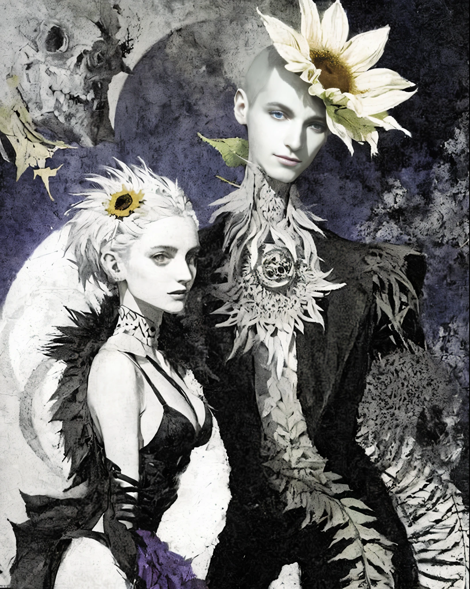 Horror, a skinny pale and starv death man with a color full sunflower instead his head, huge gargantuan black sun with mad smile, humanoids overgrown with flowers, woman standing on knees 