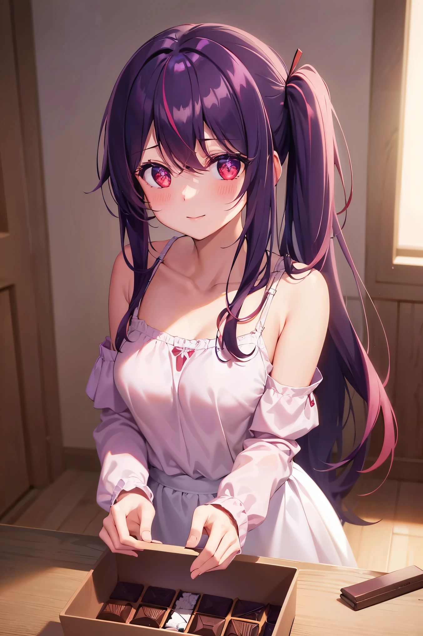  1girl, bangs, red eyes bright relucent light in hair, blush, happy, collarbone, hair between eyes, long hair, looking at viewer, bra, home, cross legs, purple hair, shiny, shiny hair, side ponytail, holding chocolate box