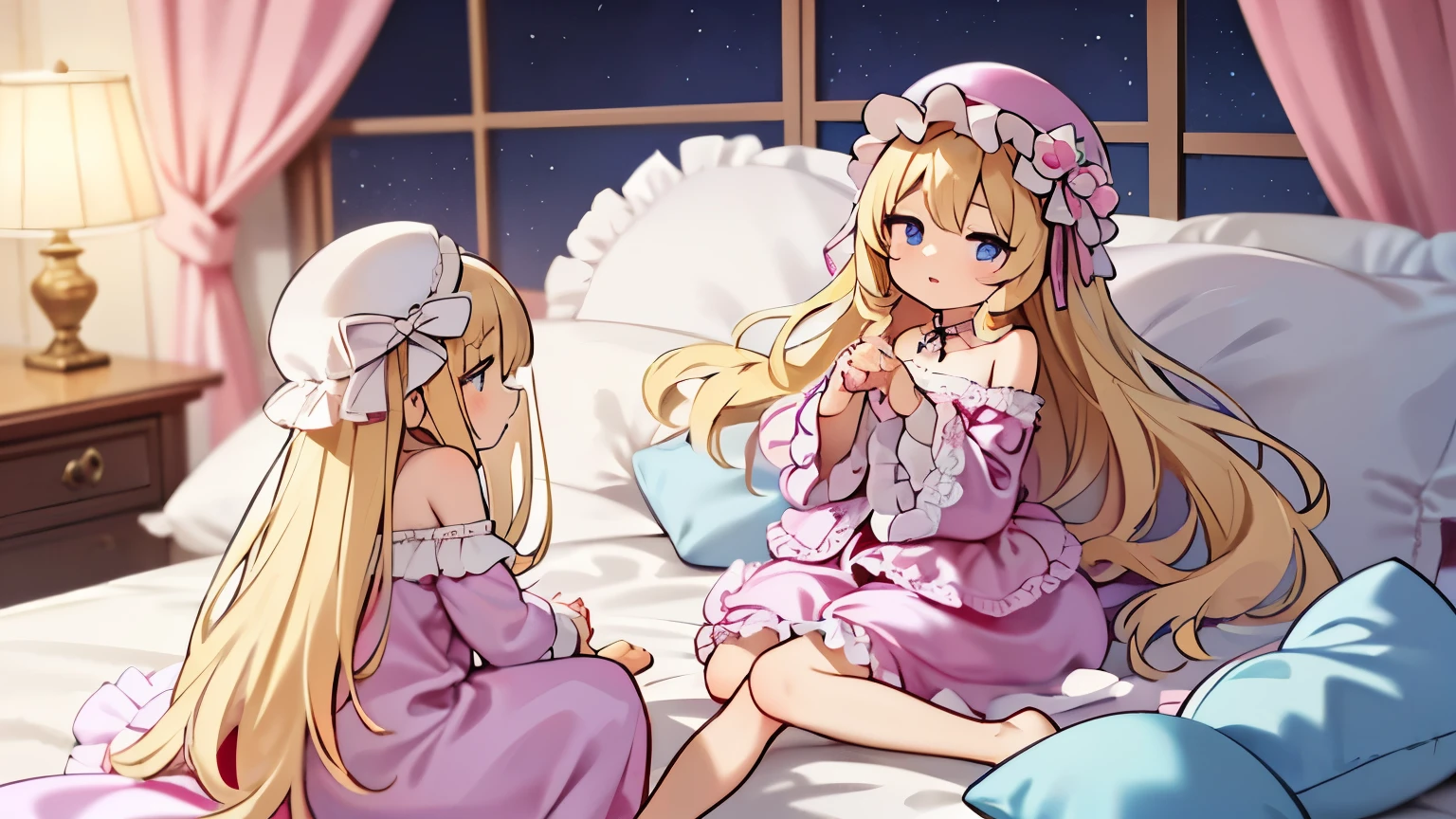,highest quality, masterpiece, highest resolution, artwork, super それにget used to it, many get used to it, get used to it, それにget used to it, 3K super high quality anime wallpaper,((  girl)),Super detailed baby face,hty small face,long blonde hair that grows to the waist,blue eyes,白い肌のeuropean,pajamas, european,(((super long blonde hair))),curly hair,blue eyes,pajamas,night wear,((((pink silk satin nightgown)))),((Pink nightgown with lots of frills and ribbons)),((1920 style nightgowns)),((Luxurious victorian baby hat with ruffles and ribbons)),victorian nightgowns,Yoke collar that completely covers the neck and shoulders,Yoke collar with ruffles and ribbons,((long sleeve)),Ruffled sleeves,A long skirt that completely covers your legs,((The whole body is reflected)),white ruffle and lace socks,large frill and ribbon pillow,detailed costume,ピンクのシルクサテンの贅沢なcanopy bedの上,canopy bed,The bed is surrounded by luxurious curtains,many frilly pillows on the bed,super detailed background,detailed bed,romantic atmosphere,hug a big pink pillow,((((Both legs are hidden under the skirt)))),The skirt of the nightgown is spread out on the bed,soft pink silk satin comforter,soft silk satin ruffled pillow,Beautiful girl illustration,detailed beautiful face detailed hair,detailed human eye ,detailed mouth, arm details,fine hands,Detailed pillow,two happy little girls,