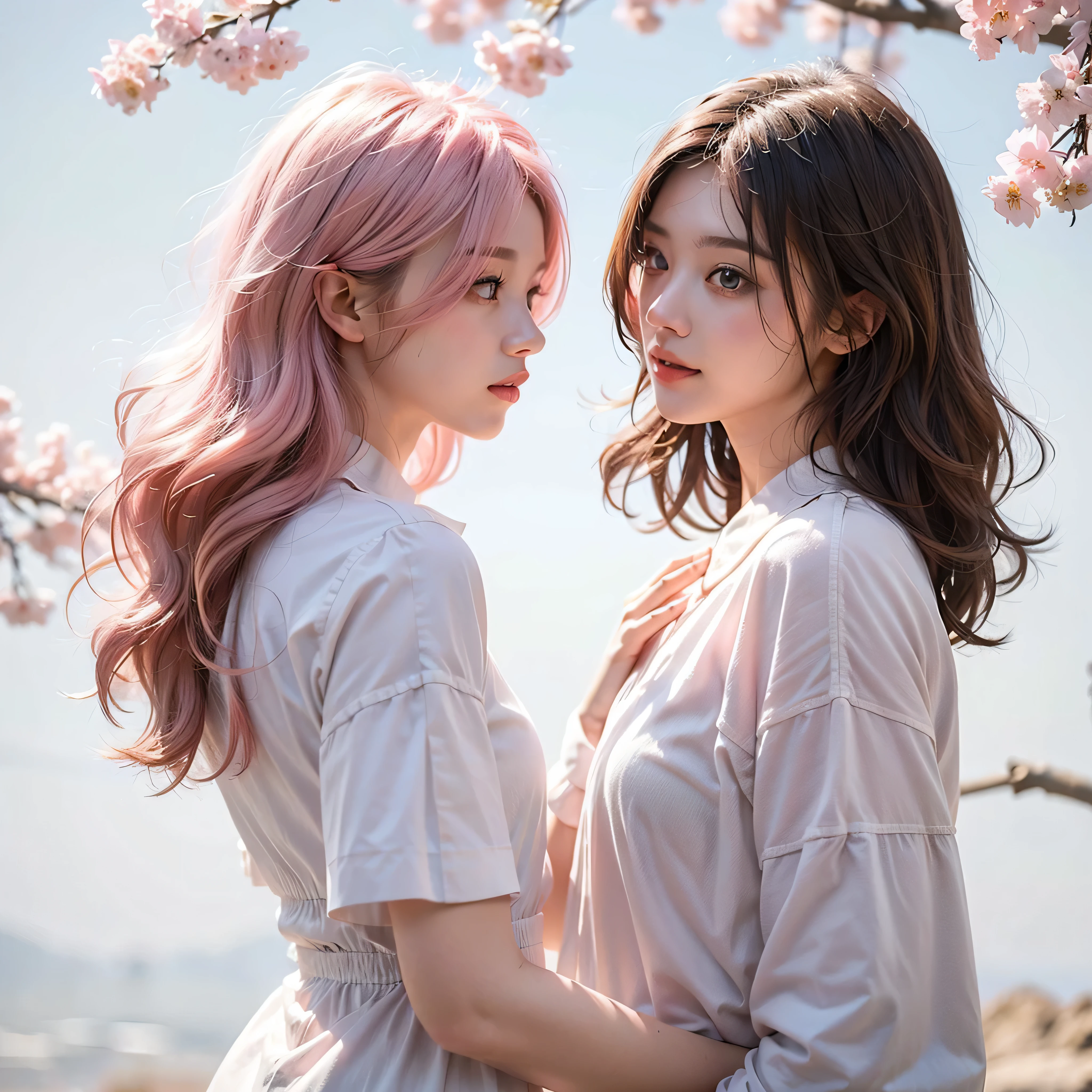 light pink hair, pink eyes, pink and white, sakura leaves, bright colors, White shirt, Splashes of paint, simple background, ray tracing, Wavy hair