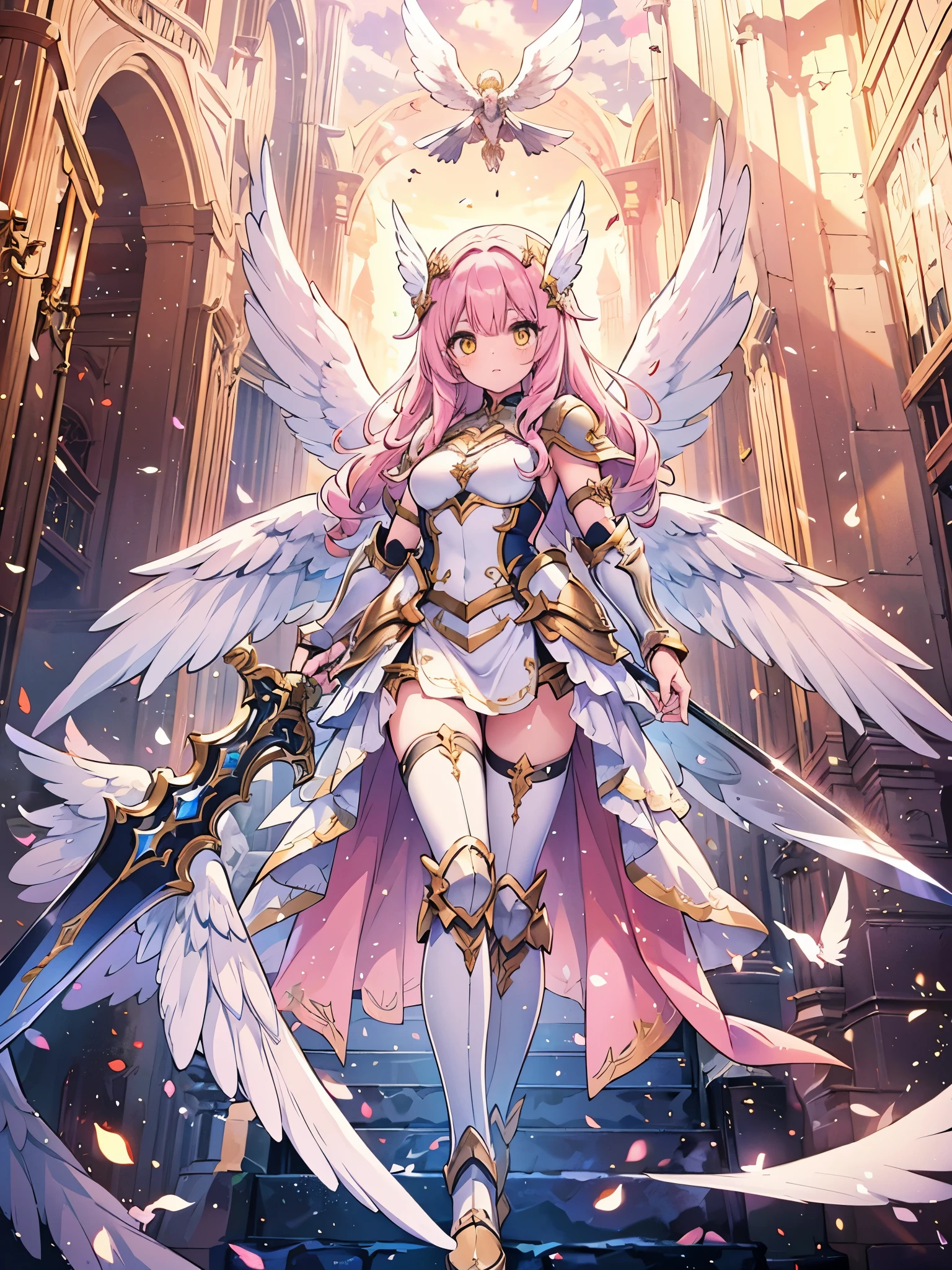 (masterpiece), best quality, 1girl, Valkyrie, angel knight in withe dress and sliver armor, shiny armor, High-gloss armor, reflective metal armor, holding sword, (long_sword), pink long curly hair, yellow eyes, wings, white outfit, perfect lighting