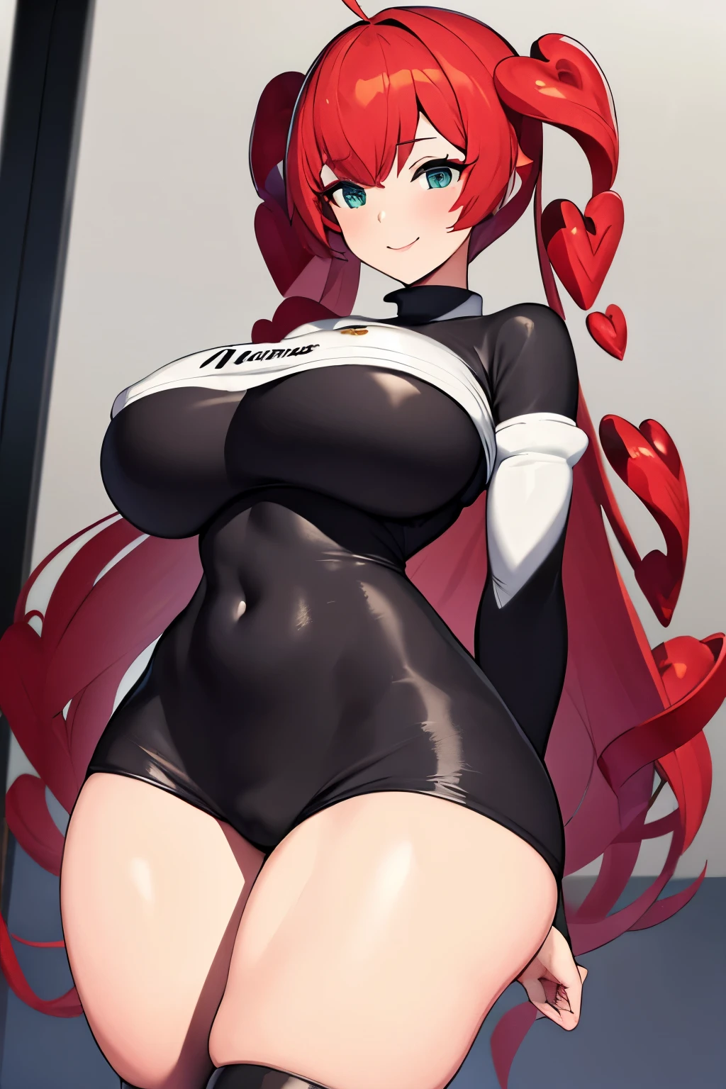 (masterpiece, best quality:1.2), solo, 1girl, beautiful and mature, big breast, p5sophia, smile, looking at viewer, arms behind back, detached hair, heart, long sleeves, tight black shorts 