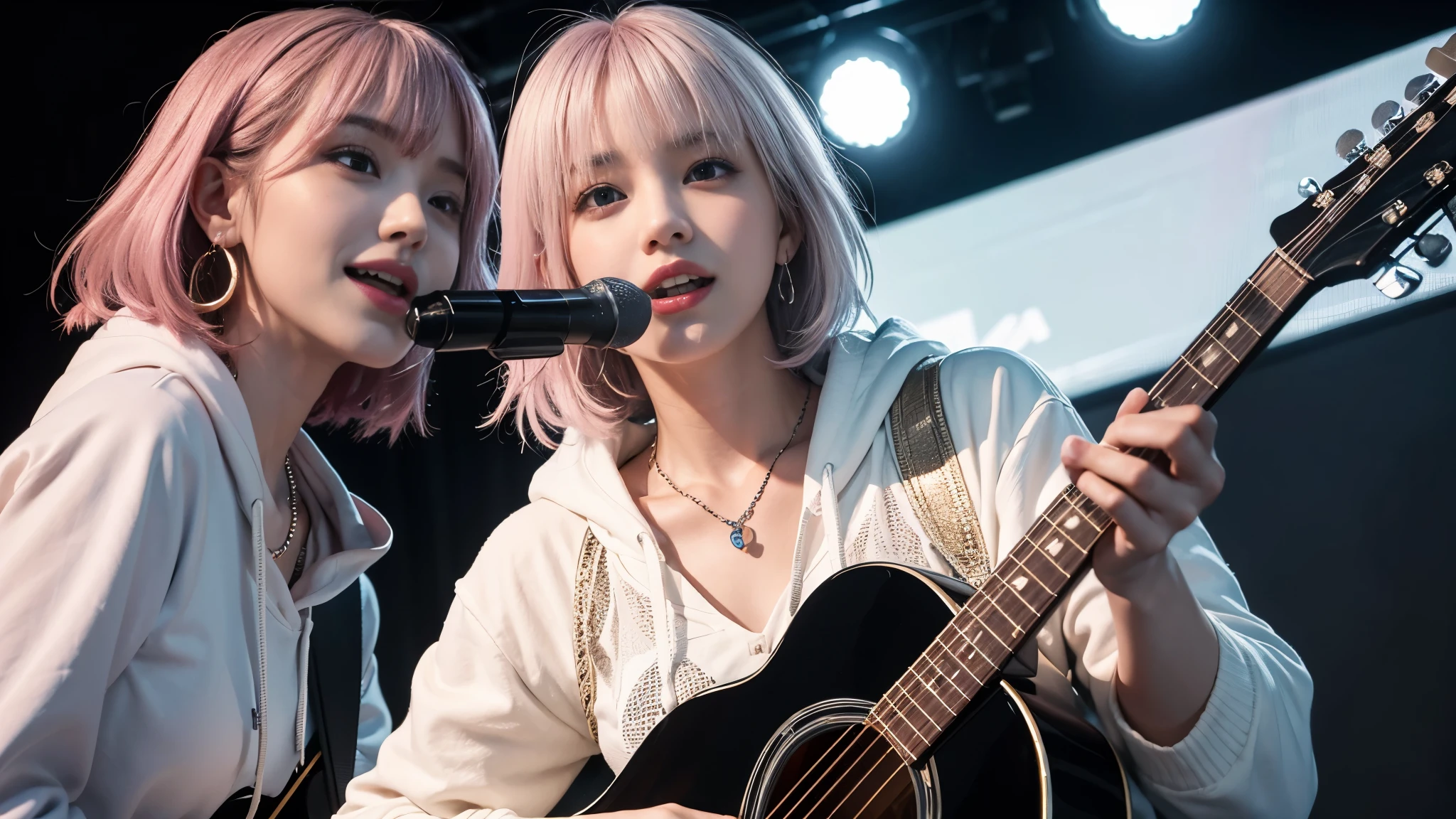 (table top:1.3, highest quality, realistic, super detailed, in detail, High resolution, 8k wallpaper), 1 beautiful girl, 25 years old, Face like a Korean idol, super cute face, band group vocals, wearing a white hoodie, Singing a song on an electric guitar, stand microphone, open your mouth, beautiful face, detailed face, beautiful eyes, fine eyes, Sounds like fun, doesn't it?、smile, earrings, necklace, guitar details, (Straight guitar neck and strings), medium bob hair, silver hair, pink mesh hair color, On stage, Spotlight, look at the audience、