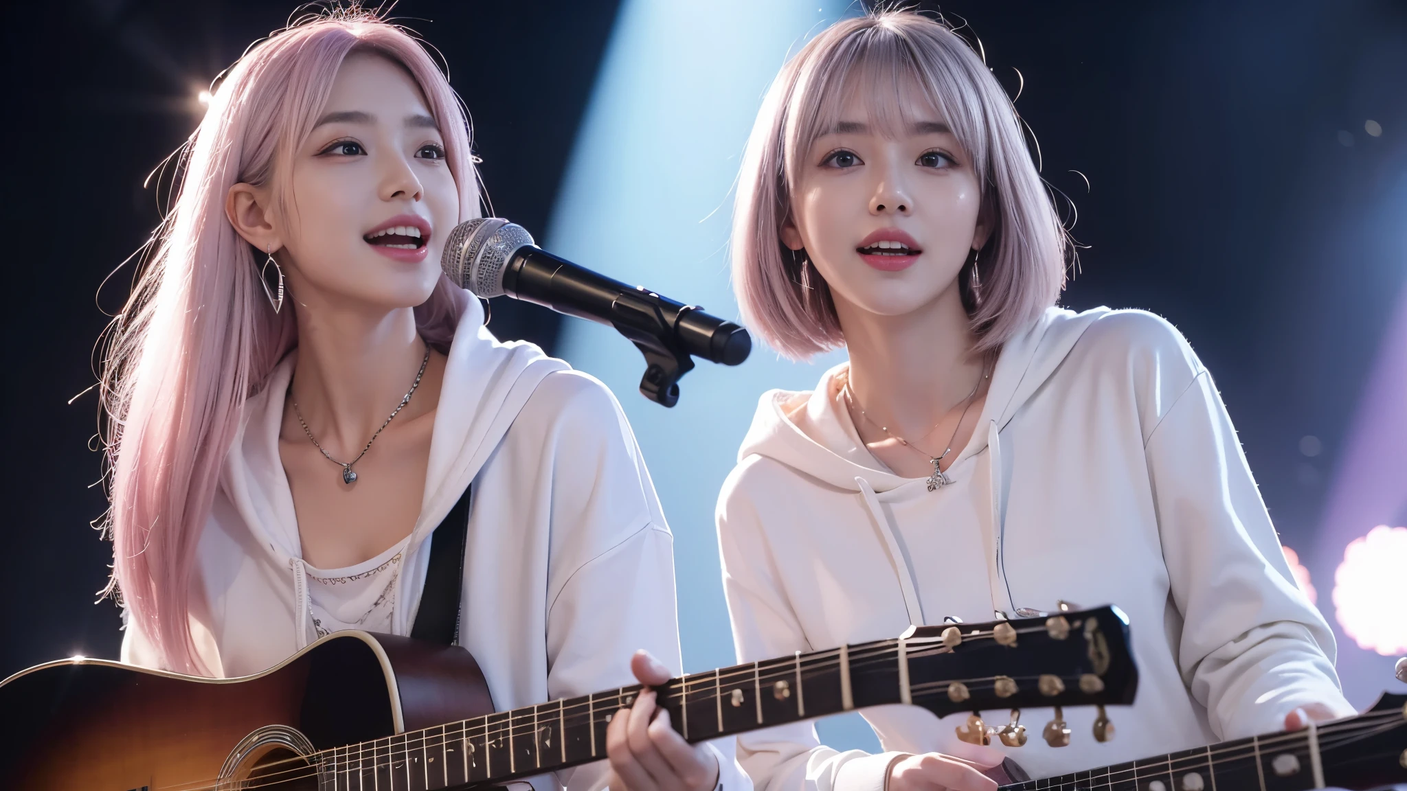 (table top:1.3, highest quality, realistic, super detailed, in detail, High resolution, 8k wallpaper), 1 beautiful girl, 25 years old, Face like a Korean idol, super cute face, band group vocals, wearing a white hoodie, Singing a song on an electric guitar, stand microphone, open your mouth, beautiful face, detailed face, beautiful eyes, fine eyes, Sounds like fun, doesn't it?、smile, earrings, necklace, guitar details, (Straight guitar neck and strings), medium bob hair, silver hair, pink mesh hair color, On stage, Spotlight, look at the audience、