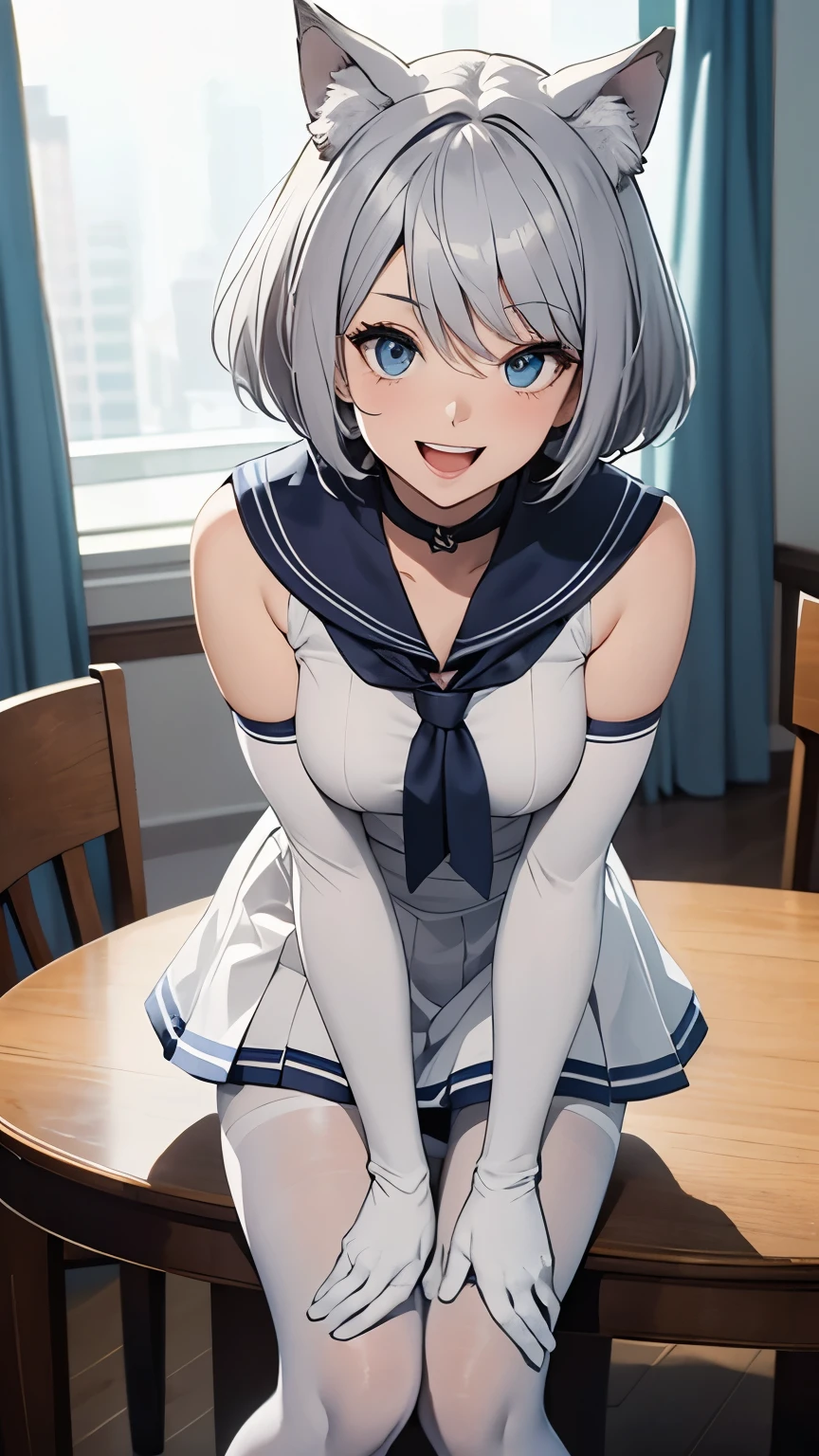 table top High level image quality best image quality 8K adult woman whole body portrait pure white long gloves(elbow gloves) Pure white pantyhose sailor suit(sleeveless) mini skirt(I can see my pants) white wolf ears short hair((shortcut)(gray hair)(perm)(fluffy)) eye color is blue attractive face((laughter)(smile)(open your mouth)) put your hands on your knees from the front Are standing
