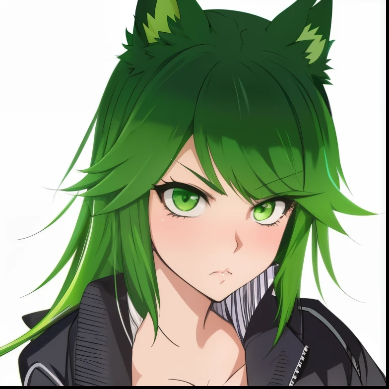 anime girl with green hair and green eyes wearing a black jacket, green colored hair, anime catgirl, digital green fox, anime styled, anime stylized, vrchat, pouting, furrowed brows, cute grumpy, black upper lip, lips, looking at camera