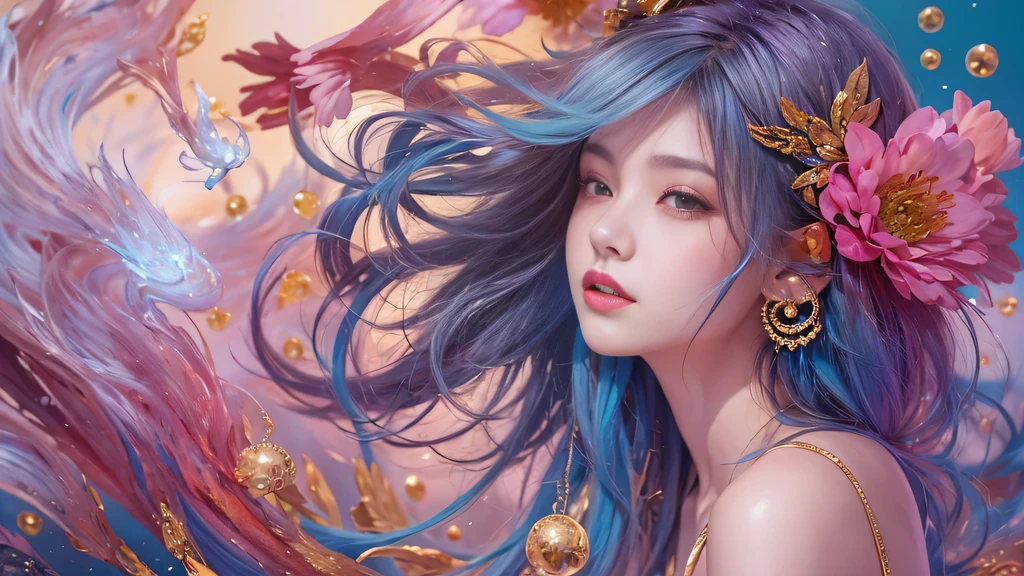 blue,blue,enamel,agates,A flesh-colored world,Blood Blue Maiden 32k(masterpiece,HD,Aoyama Pond,超HD,32k)长长的飘逸亮blue头发,blood pool,Ziddink, a color,Grumpy (After greeting), (Linen scarf), fighting stance, looking at the ground, long white hair, 漂浮的亮blue, Fire cloud gold headdress, Chinese long-sleeved gold silk burgundy garment, (Abstract metaverse splash:1.2), White background,Peony flower vitality protector(realistically:1.4),bright purple hair,Smoke on the road,The background is very pure, high resolution, detail, RAW photos, Sharp Re, Nikon D850 film photo by Jefferies Lee 4 Kodak Portra 400 camera F1.6 guns, colorful, Ultra-realistic and vivid textures, dramatic lighting, Unreal Engine Art Station Trend, Sinest 800,一个有着长长的飘逸亮blue头发的女孩,huge colorful bubbles