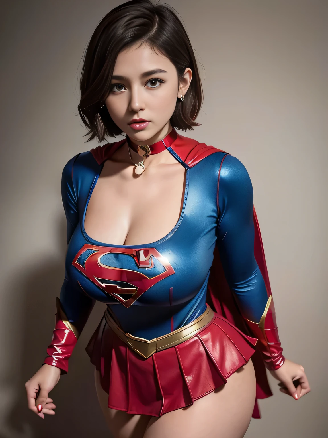 masterpiece、Shorthair Supergirl、big and full breasts、look at the camera、shiny costume、choker、red mini skirt、long sleeve、Magazine cover style、obscene pose、Seduce