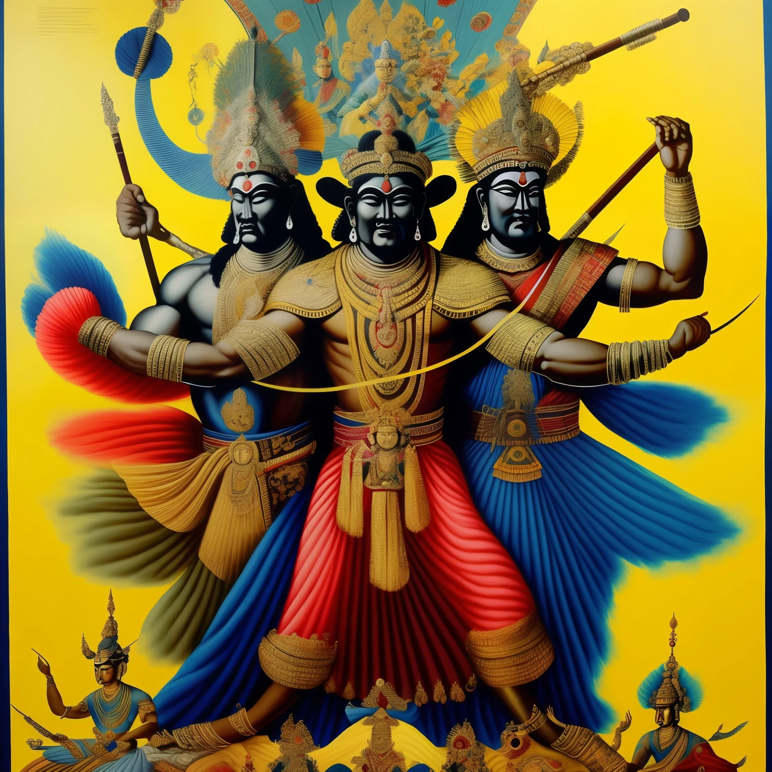 A captivating film poster for the exploration of Wayang culture's rich tapestry, featuring a grandiose background of the epic War of the Gods. The central figures grace the canvas, with the noble Adipati, radiantly dressed in traditional attire, standing boldly on the left. On the right, the valiant Arjuna, clad in warrior's armor, raises his weapon in readiness. The ethereal Dewi Surikanti, adorned in divine garments, hovers gracefully above, adding a mystical touch to the artwork.
Entitled "Astungkarabalasoka," this mesmerizing poster invites viewers to immerse