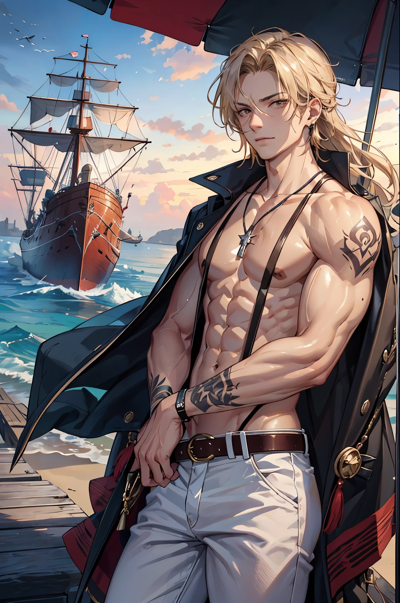 masterpiece, absurdres, best quality ,intricate details , (shiny skin, shiny body, shiny oily luster skin, shiny hair, pale skintone), pirate ship , Sundown , ((1man)), attractive, ((muscular)), adult, tattoo ,white blouse, earrings, brown pants, eagle on the shoulder , Don't look at the view , Not looking at the view, blonde very long hair