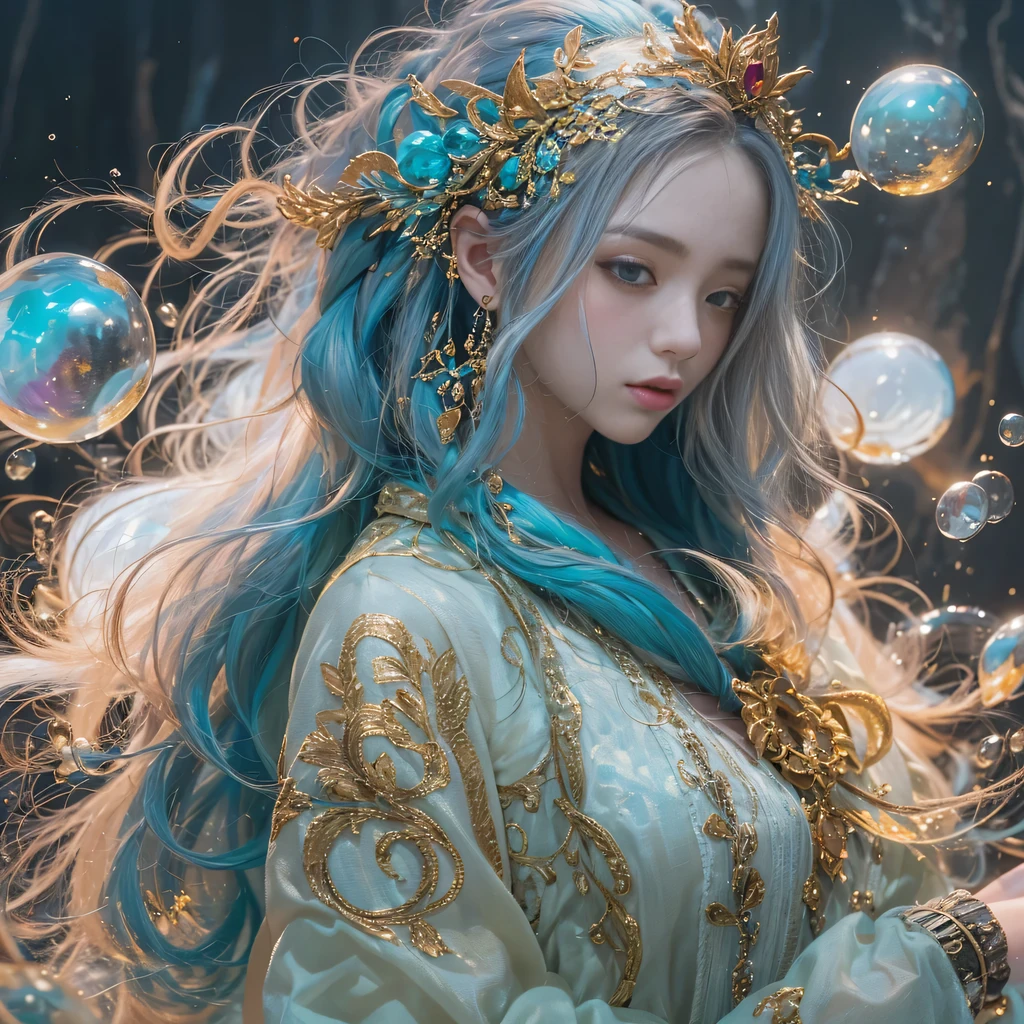 blue,blue,enamel,agates,A flesh-colored world,Blood Blue Maiden 32k(masterpiece,HD,Aoyama Pond,超HD,32k)长长的飘逸亮blue头发,blood pool,Ziddink, a color,Grumpy (After greeting), (Linen scarf), fighting stance, looking at the ground, long white hair, 漂浮的亮blue, Fire cloud gold headdress, Chinese long-sleeved gold silk burgundy garment, (Abstract metaverse splash:1.2), White background,Peony flower vitality protector(realistically:1.4),bright purple hair,Smoke on the road,The background is very pure, high resolution, detail, RAW photos, Sharp Re, Nikon D850 film photo by Jefferies Lee 4 Kodak Portra 400 camera F1.6 guns, colorful, Ultra-realistic and vivid textures, dramatic lighting, Unreal Engine Art Station Trend, Sinest 800,一个有着长长的飘逸亮blue头发的女孩,huge colorful bubbles