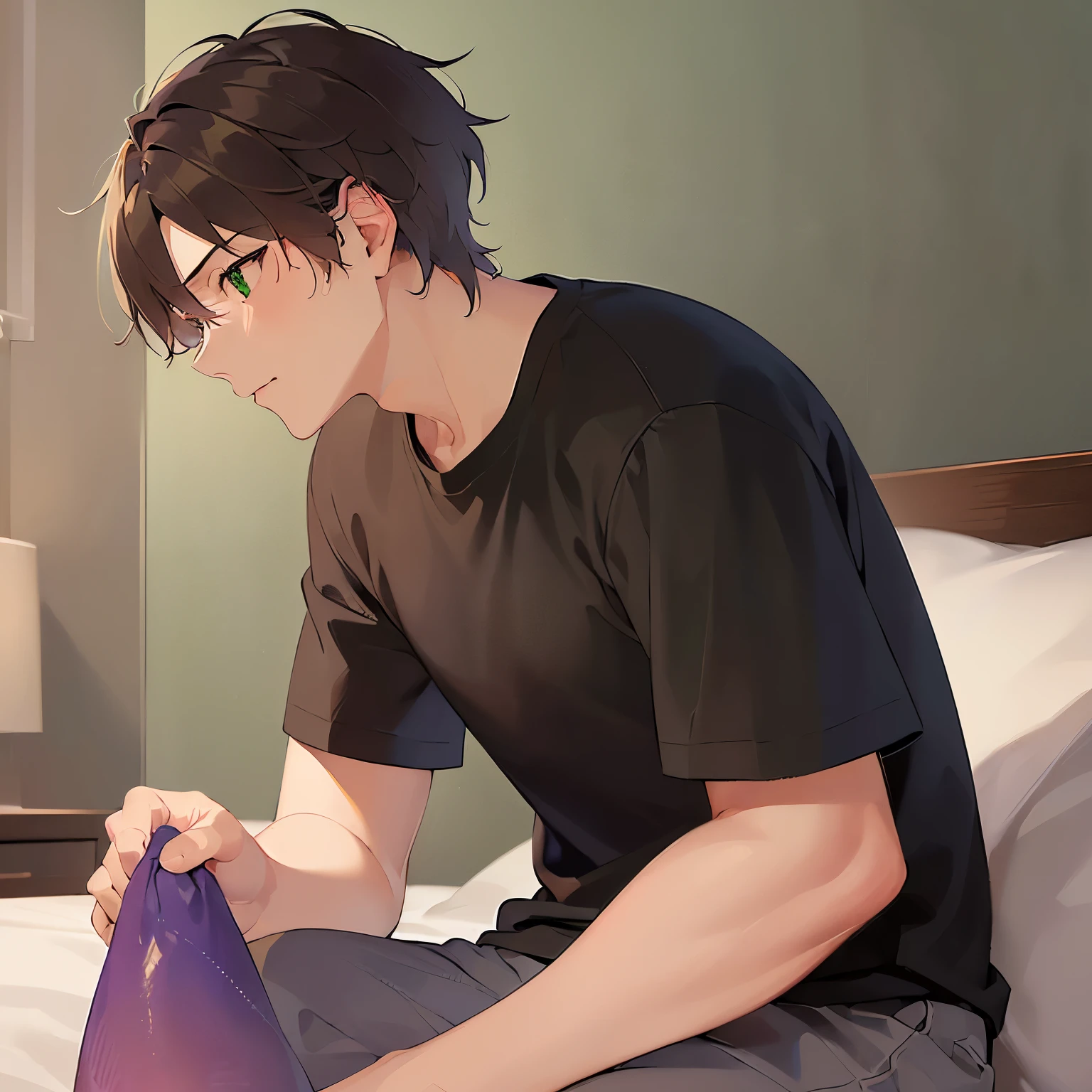 (looking away:1.5), side angle, high quality、masterpiece、(25 year old man with brown eyes and green eyes:1.5), (Wearing a plain black T-shirt)、Expressionless, Alone、The background is a room、sitting on the bed