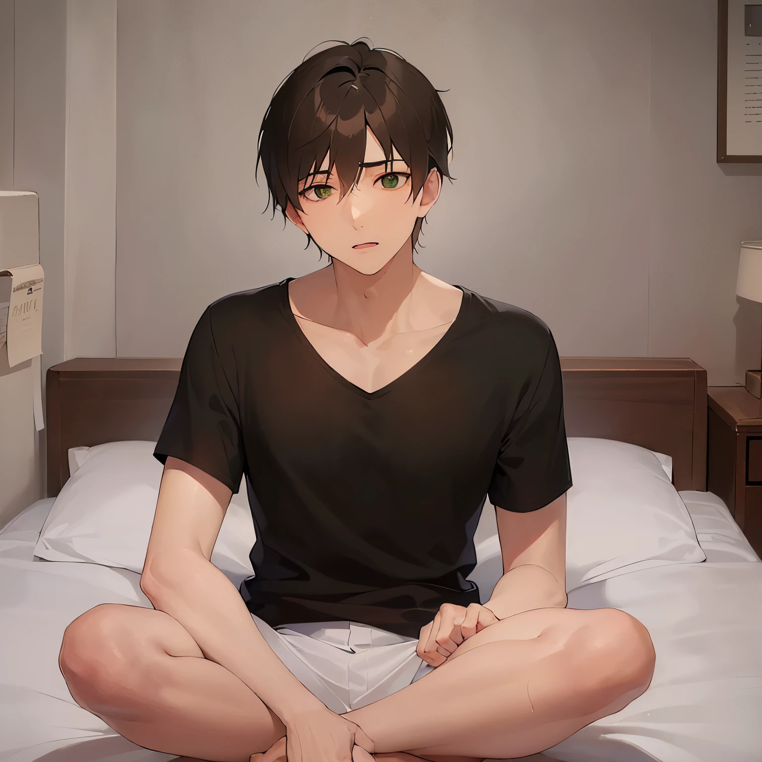 (looking away:1.5), side angle, high quality、masterpiece、(25 year old man with brown eyes and green eyes:1.5), (Wearing a plain black T-shirt)、Expressionless, Alone、The background is a room、sitting on the bed