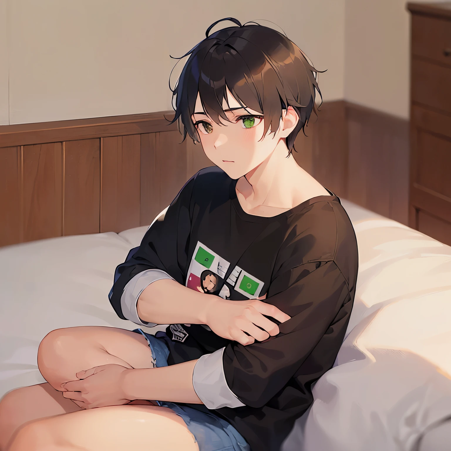 (looking away:1.5), side angle, high quality、masterpiece、(25 year old man with brown eyes and green eyes:1.5), (Wearing a plain black T-shirt)、Expressionless, Alone、The background is a room、sitting on the bed