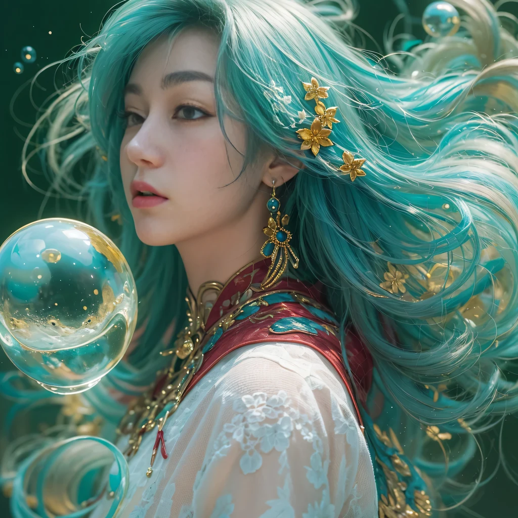 bright black blue,enamel,agate,A flesh-colored world,Blood Blue Maiden 32k(masterpiece,HD,Aoyama Pond,Ultra high quality,32k)long flowing bright blue hair,blood pool,Ziddink, a color,Grumpy (After greeting), (Linen scarf), fighting stance, looking at the ground, long white hair, Floating bright blue, Fire cloud gold headdress, Chinese long-sleeved gold silk burgundy garment, (Abstract metaverse splash:1.2), White background,Peony flower vitality protector(realistically:1.4),bright purple hair,Smoke on the road,The background is very pure, high resolution, detail, RAW photos, Sharp Re, Nikon D850 film photo by Jefferies Lee 4 Kodak Portra 400 camera F1.6 guns, colorful, Ultra-realistic and vivid textures, dramatic lighting, Unreal Engine Art Station Trend, Sinest 800,一个有着long flowing bright blue hair的女孩,huge colorful bubbles