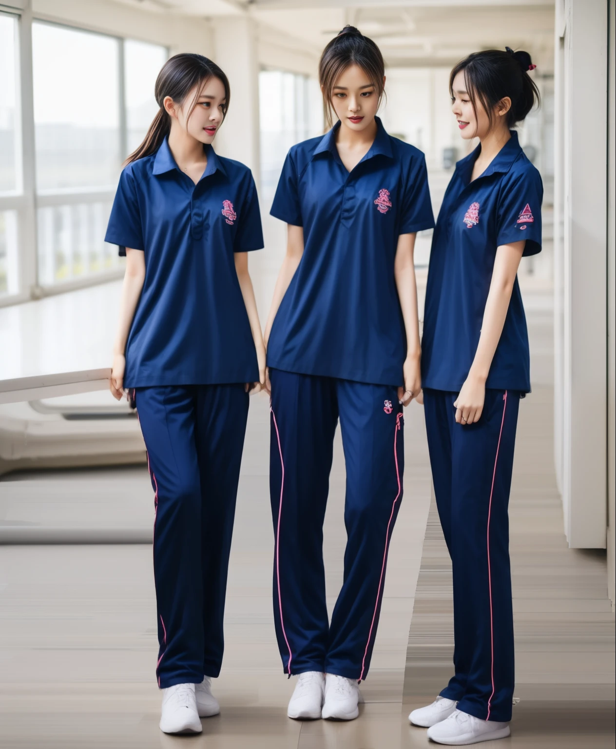 3 girls in fitness center, Navy blue short-sleeved shirt,Navy Long Trackpant,Sweatpants, Sweatpantsขายาว,25 year old girl, lesbian, sexy, exercise clothes, wet body, exercise clothes