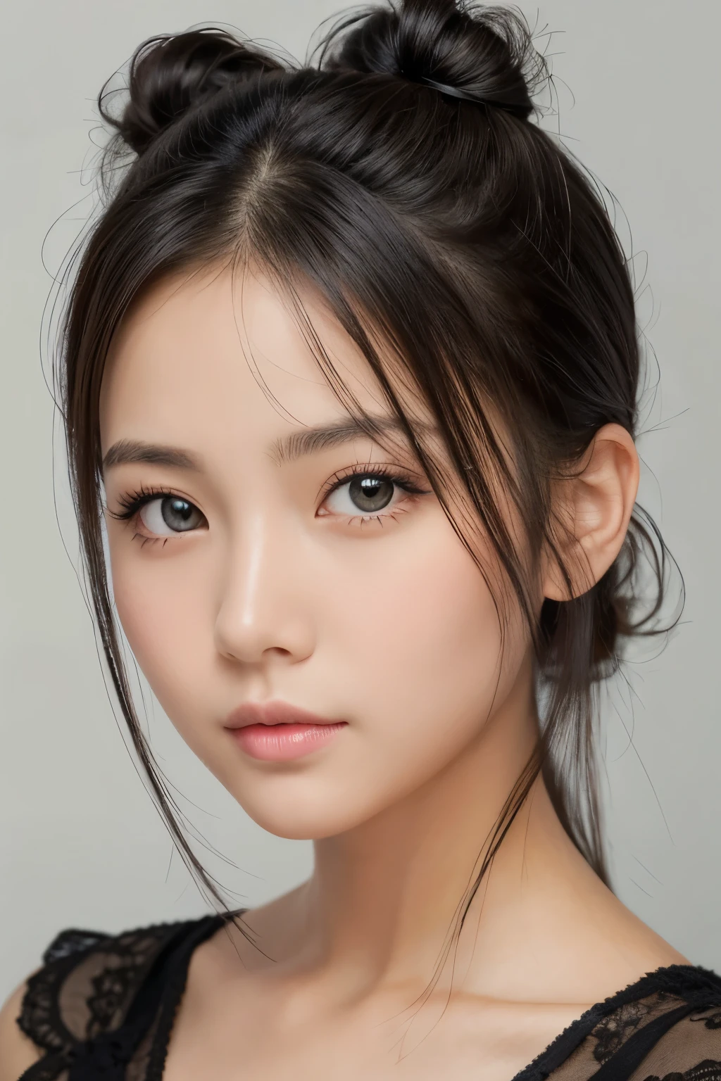 masterpiece high quality,close up of the face, front face , girl,big eye,,,, black bun hair,