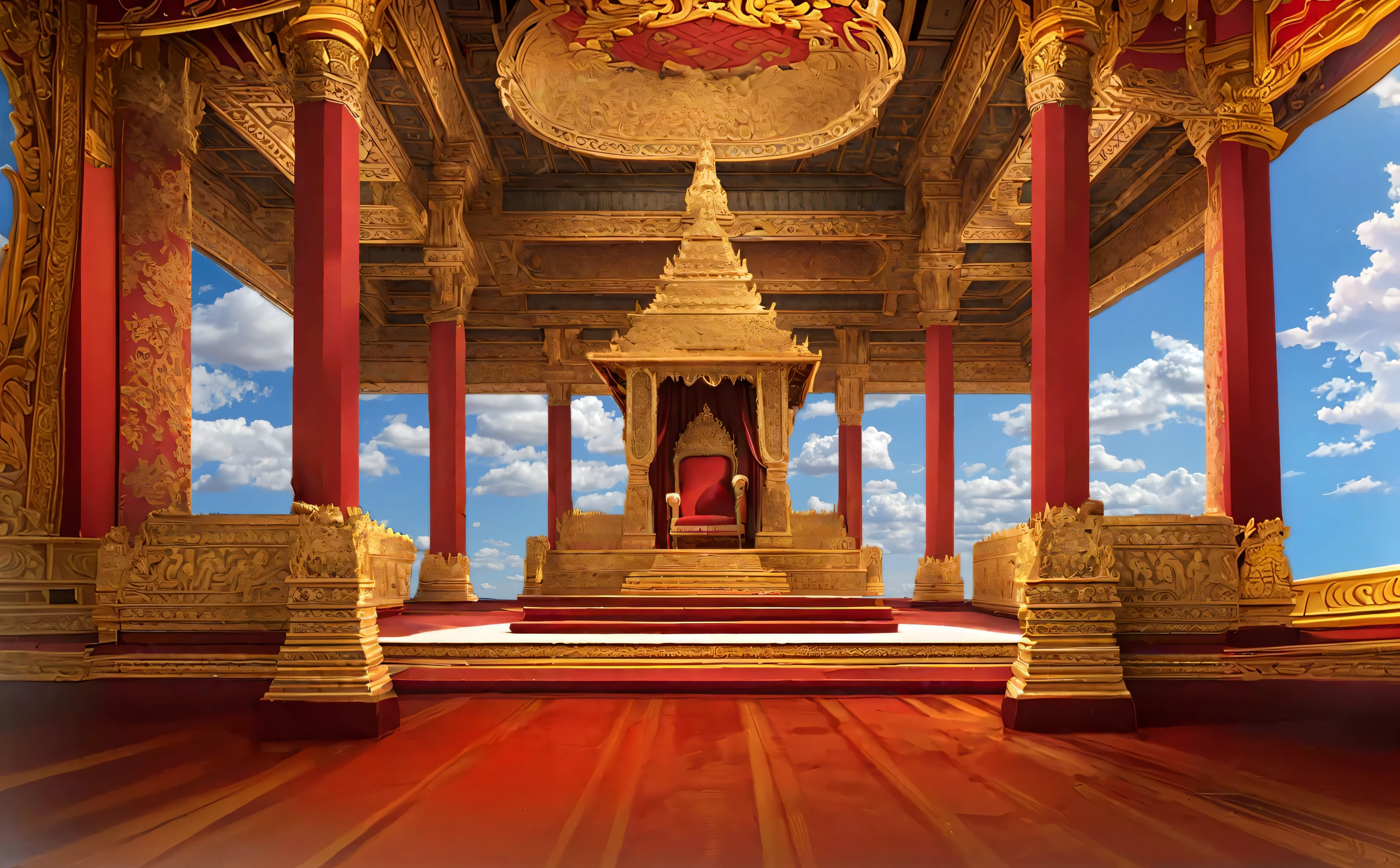 in the grand hall of Rama's Palace in Ramayana literature. with Thai architecture red and gold tone.