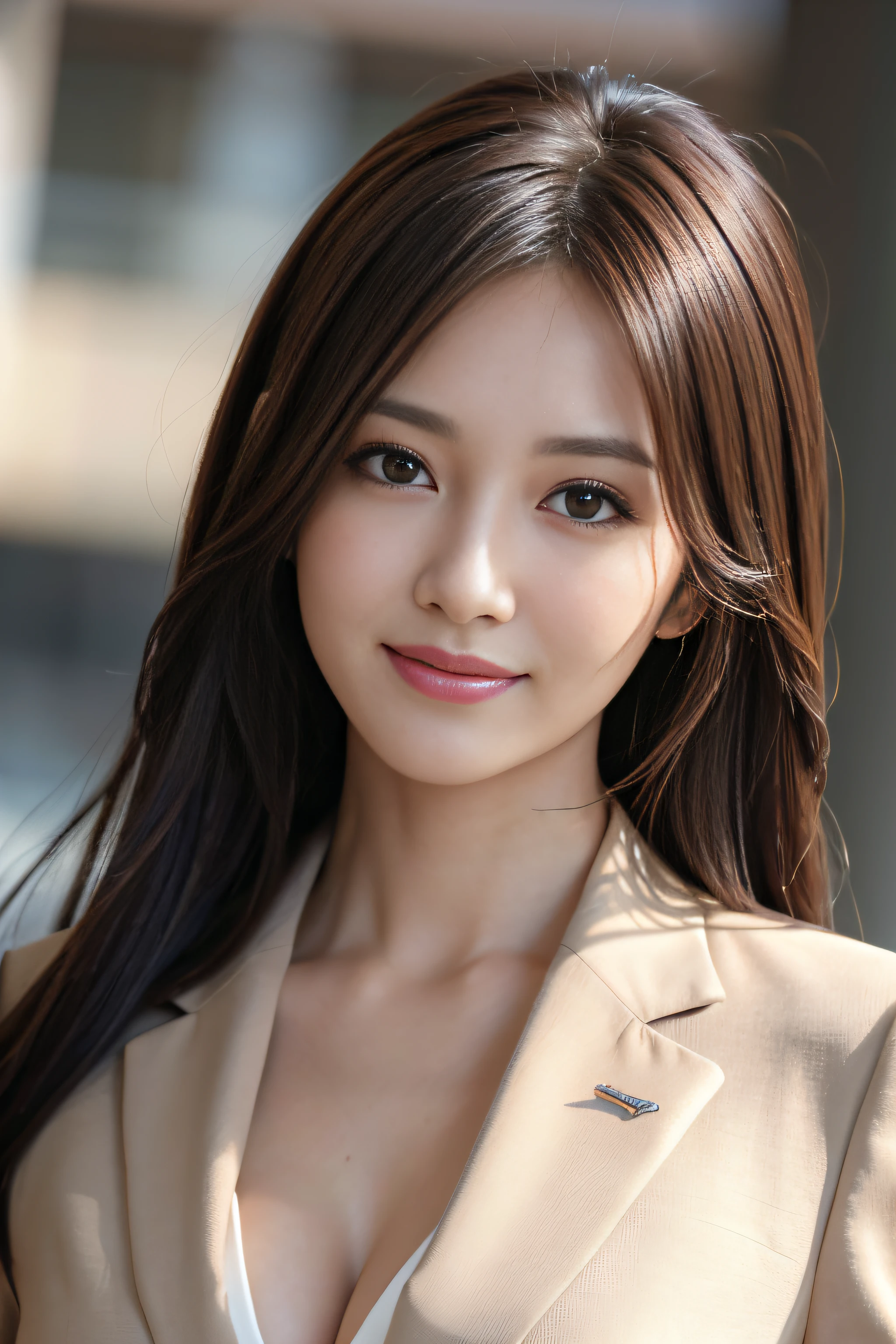 on the table, best quality, lifelike, Super detailed, fine details, high resolution, 8k wallpaper, 1 beautiful woman,, light brown messy hair, wearing a suit, sharp focus, Perfect dynamic composition, Beautiful and delicate eyes, fine hair, 细致lifelike皮肤纹理, smiling, closeup portrait, Model body shape