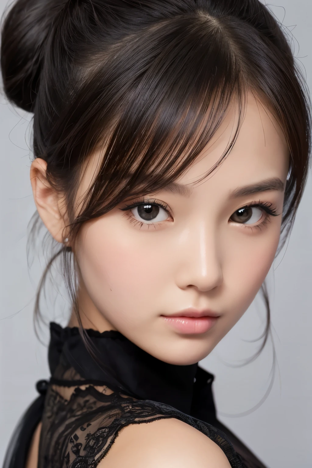 masterpiece high quality,close up of the face, front face , girl,big eye,,,, black bun hair,