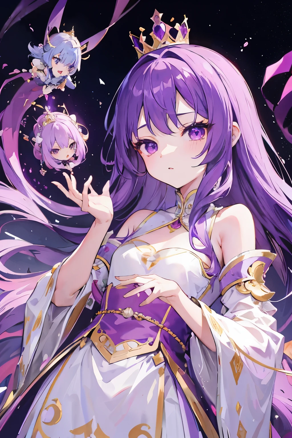 long hair, Princess发型, purple hair, Eye, loli,, royal, portrait, noble clothing, Princess,gorgeous costumes,gem,crown,Proud,7-year old,arrogant,small breasts,cute,皇室的小Princess,body shape