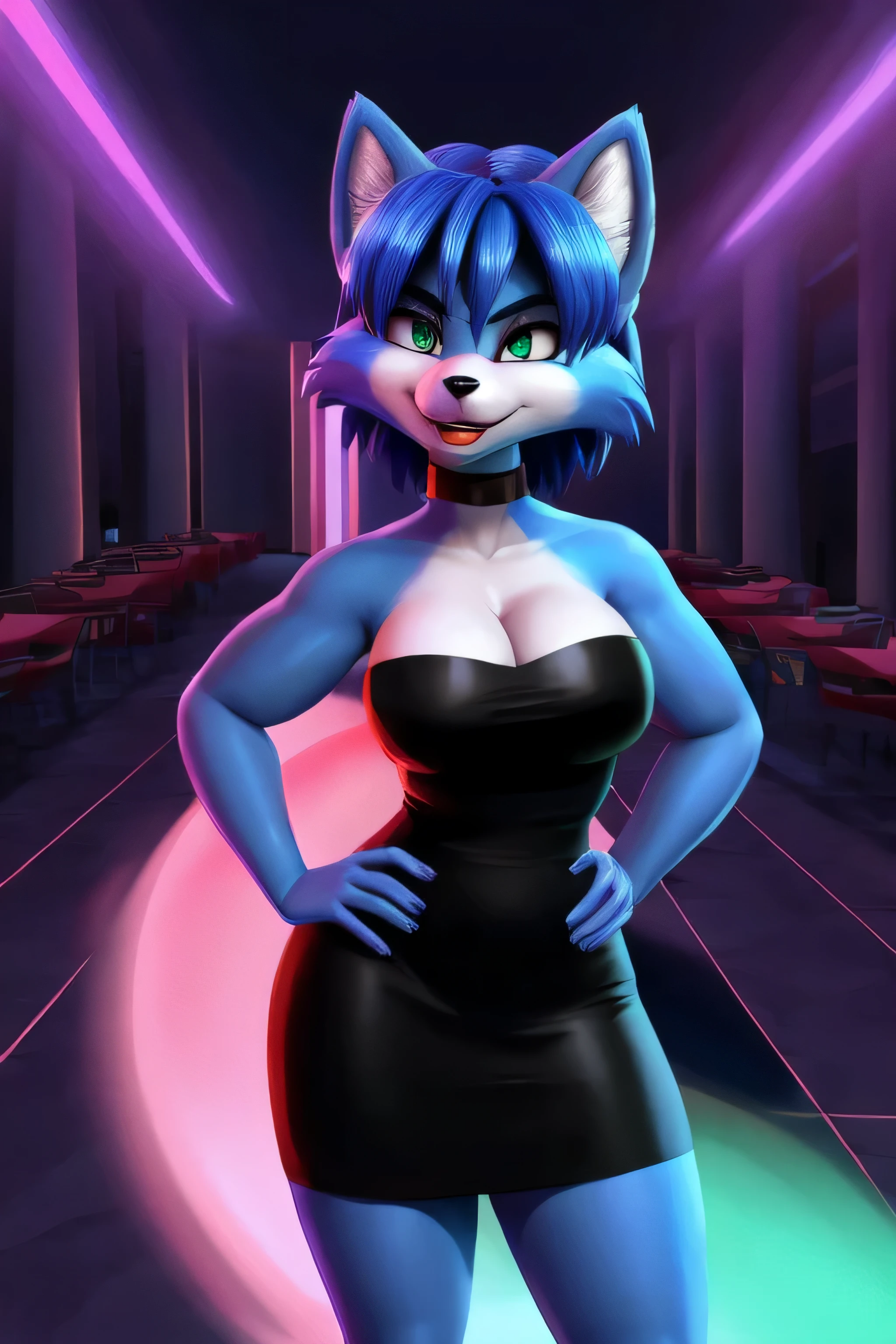 score_9, score_8_up, score_7_up, score_6_up, score_5_up, score_4_up, diane foxington, (whisperfoot style), anthro furry, fox ears, ear piercings, orange fur, dark green eyes, long fluffy tail, orange tail, very large breasts, deep cleavage, strapless, (sexy sideless blue dress), bare feet, bare hands, sexy curves, big head, (solo), standing, bending over, seductive pose, looking at viewer, seductive stare, hand behind head, (nightclub background), (bar)