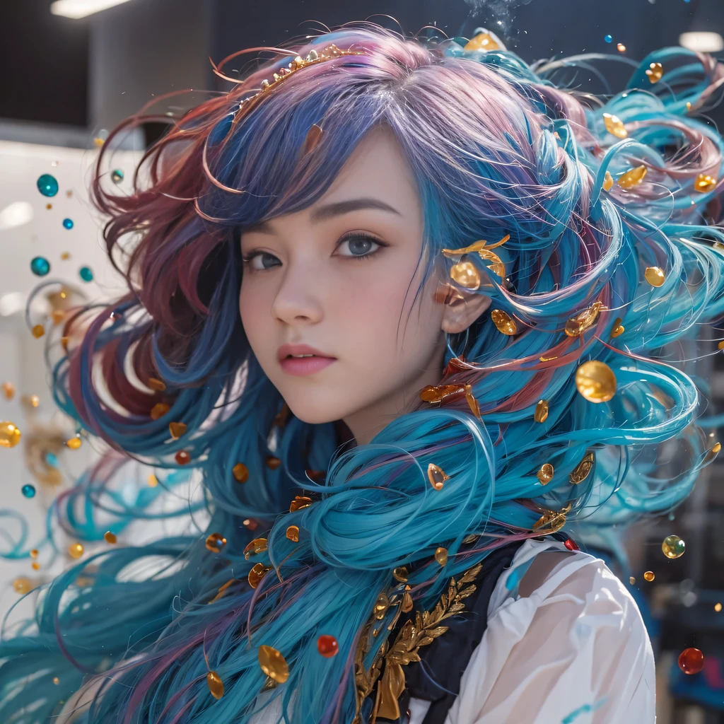 blue，blue，enamel，agates，A flesh-colored world，Blood Blue Maiden 32k（masterpiece，HD，Aoyama Pond，超HD，32k）飘逸的亮blue头发，blood pool，Ziddink， a color，Grumpy （After greeting）， （Linen scarf）， fighting stance， looking at the ground， long white hair， 漂浮的亮blue， Fire cloud gold headdress， Chinese long-sleeved gold silk burgundy garment， （Abstract metaverse splash：1.2）， White background，Peony flower vitality protector（realistically：1.4），bright purple hair，Smoke on the road，The background is very pure， high resolution， detail， RAW photos， Sharp Re， Nikon D850 film photo by Jefferies Lee 4 Kodak Portra 400 camera F1.6 guns, colorful, Ultra-realistic and vivid textures, dramatic lighting, Unreal Engine Art Station Trend, Sinest 800，A girl with long 飘逸的亮blue头发，huge colorful bubbles