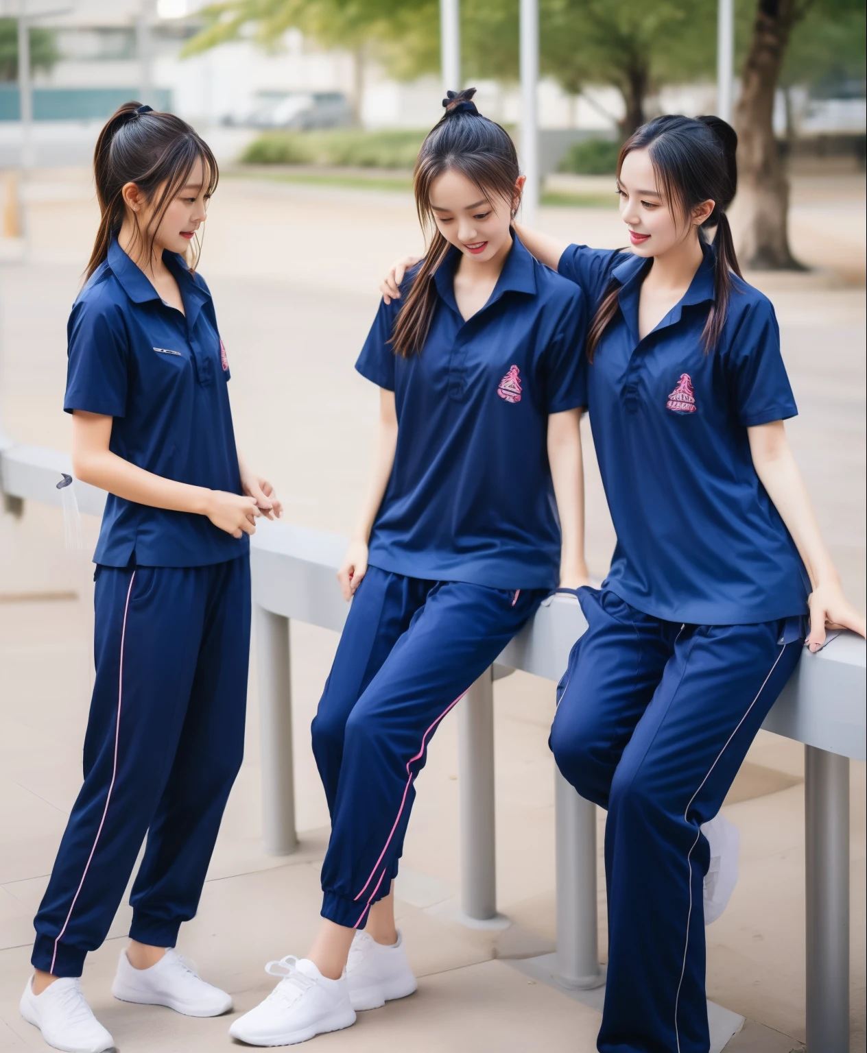 3 girls in fitness center, Navy blue short-sleeved shirt,Navy Long Trackpant,Sweatpants, Sweatpantsขายาว,25 year old girl, lesbian, sexy, exercise clothes, wet body, exercise clothes