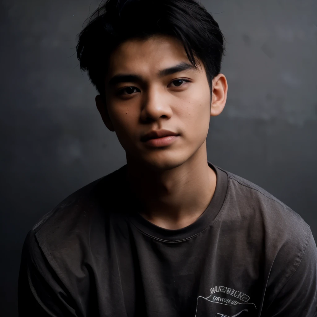 Handsome Indonesian man, smooth hair, slightly chiseled cheeks, 20 years old, wearing a plain black t-shirt, casual but cool style, high angle HD drop shadow image, night background in Probolinggo square, East Java