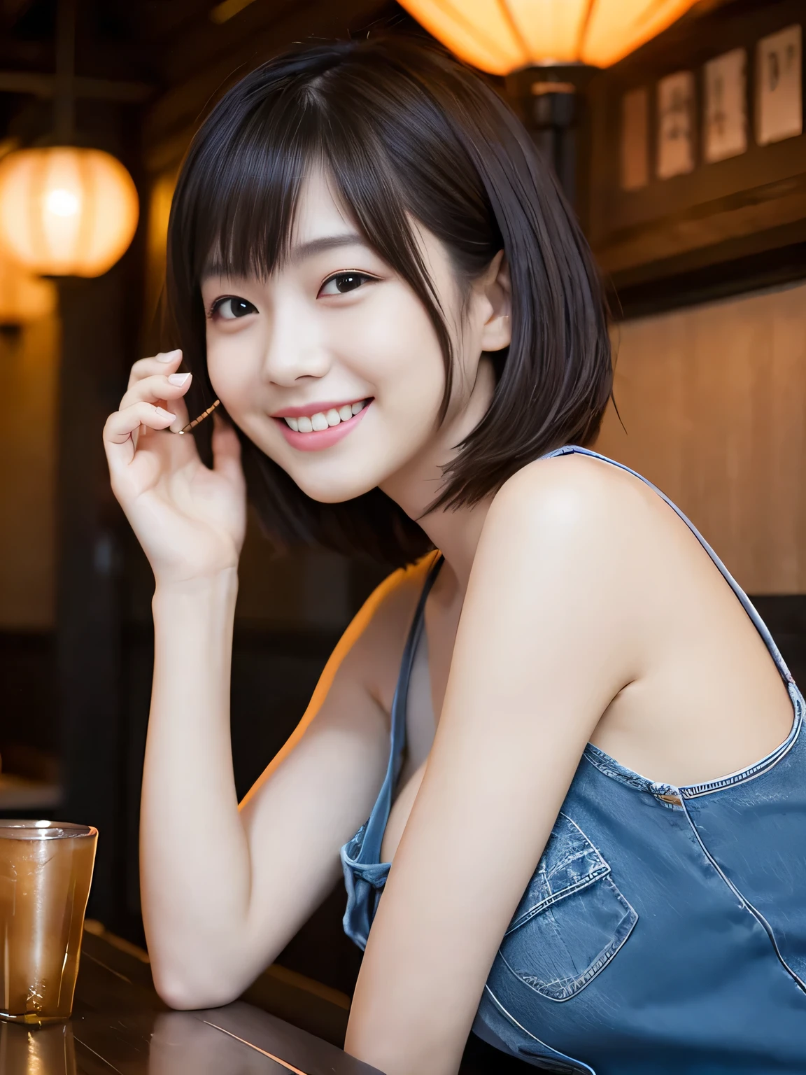masterpiece、Japanese gravure idol、Red lantern、Yakitori restaurant、she is sitting across the table、A woman with short brown hair is drinking a cocktail across the table.、20-year-old、small hands、big breasts、beautiful feet、I can see the cleavage、There is a gap、Wearing a simple sleeveless shirt and denim pants、happy smile、I'm laughing out loud、I can see white teeth、delicate skin feel、shiny hair、8K
