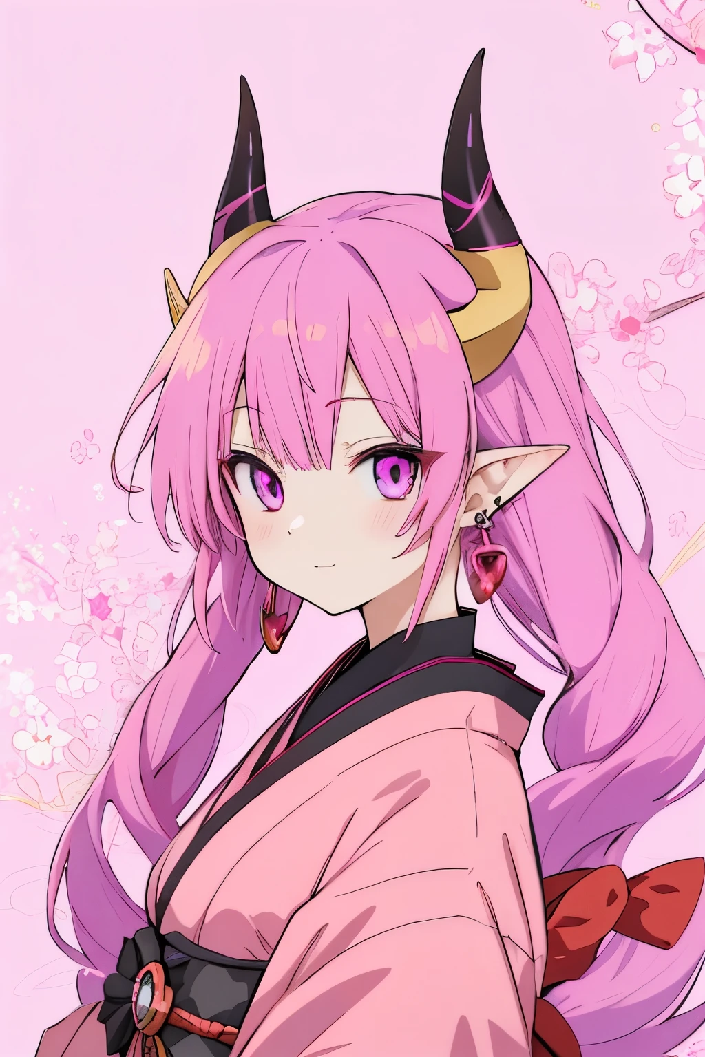 japanese, anime, demon fox, pink, purple, anime eyes, cute anime eyes, anime eyes wallpaper, anime anime wallpaper, anime eyes anime eyes wallpaper, anime wallpaper anime wallpaper, solo, horns, 1girl, looking at viewer, pointy ears, jewelry, earrings