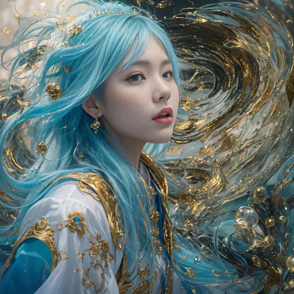 blue,Purple pink colors,enamel,agates,A flesh-colored world,Blood Blue Maiden 32k(masterpiece,HD,Aoyama Pond,超HD,32k)long flowing bright blue hair,blood pool,Ziddink, a color,Grumpy (After greeting), (Linen scarf), fighting stance, looking at the ground, long white hair, Floating bright blue, Fire cloud gold headdress, Chinese long-sleeved gold silk burgundy garment, (Abstract metaverse splash:1.2), White background,Peony flower vitality protector(realistically:1.4),bright purple hair,Smoke on the road,The background is very pure, high resolution, detail, RAW photos, Sharp Re, Nikon D850 film photo by Jefferies Lee 4 Kodak Portra 400 camera F1.6 guns, colorful, Ultra-realistic and vivid textures, dramatic lighting, Unreal Engine Art Station Trend, Sinest 800,一个有着long flowing bright blue hair的女孩,huge colorful bubbles