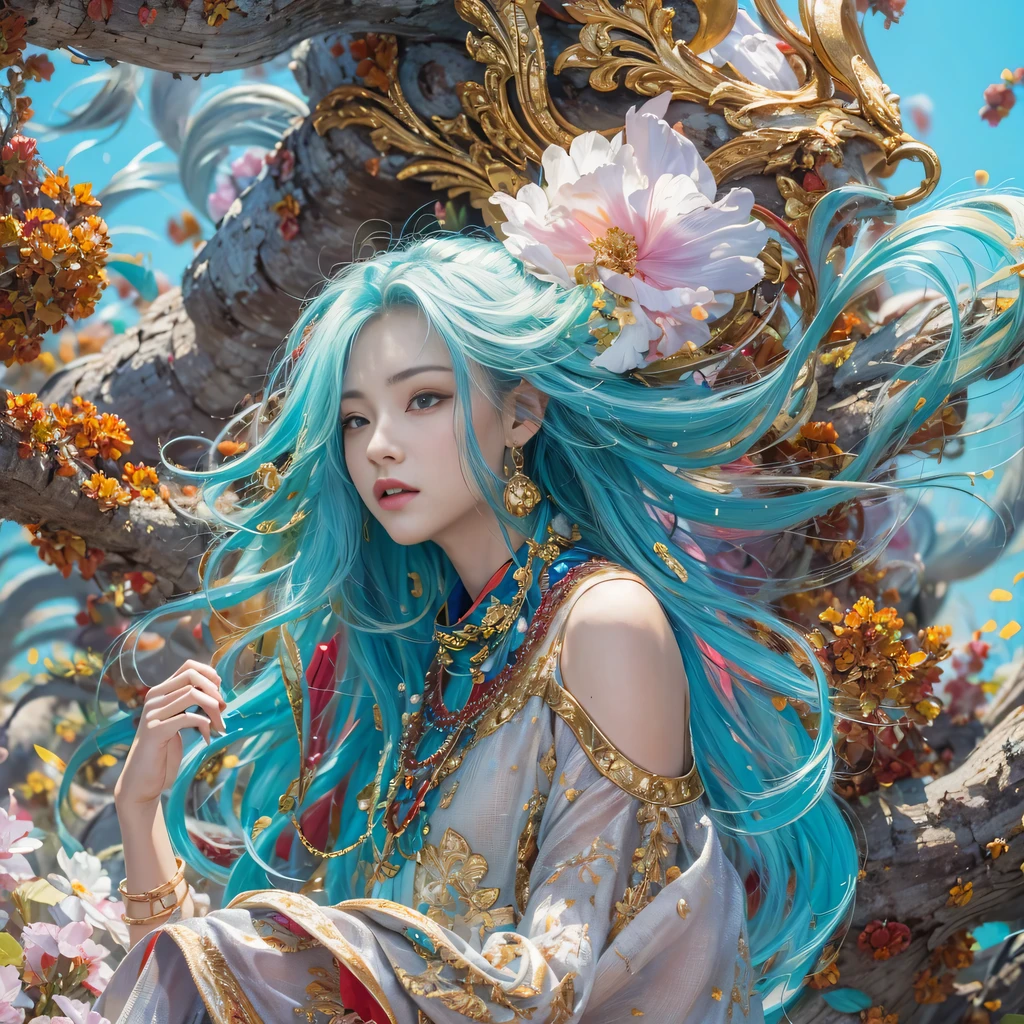 blue,Purple pink colors,enamel,agates,A flesh-colored world,Blood Blue Maiden 32k(masterpiece,HD,Aoyama Pond,超HD,32k)long flowing bright blue hair,blood pool,Ziddink, a color,Grumpy (After greeting), (Linen scarf), fighting stance, looking at the ground, long white hair, Floating bright blue, Fire cloud gold headdress, Chinese long-sleeved gold silk burgundy garment, (Abstract metaverse splash:1.2), White background,Peony flower vitality protector(realistically:1.4),bright purple hair,Smoke on the road,The background is very pure, high resolution, detail, RAW photos, Sharp Re, Nikon D850 film photo by Jefferies Lee 4 Kodak Portra 400 camera F1.6 guns, colorful, Ultra-realistic and vivid textures, dramatic lighting, Unreal Engine Art Station Trend, Sinest 800,一个有着long flowing bright blue hair的女孩,huge colorful bubbles