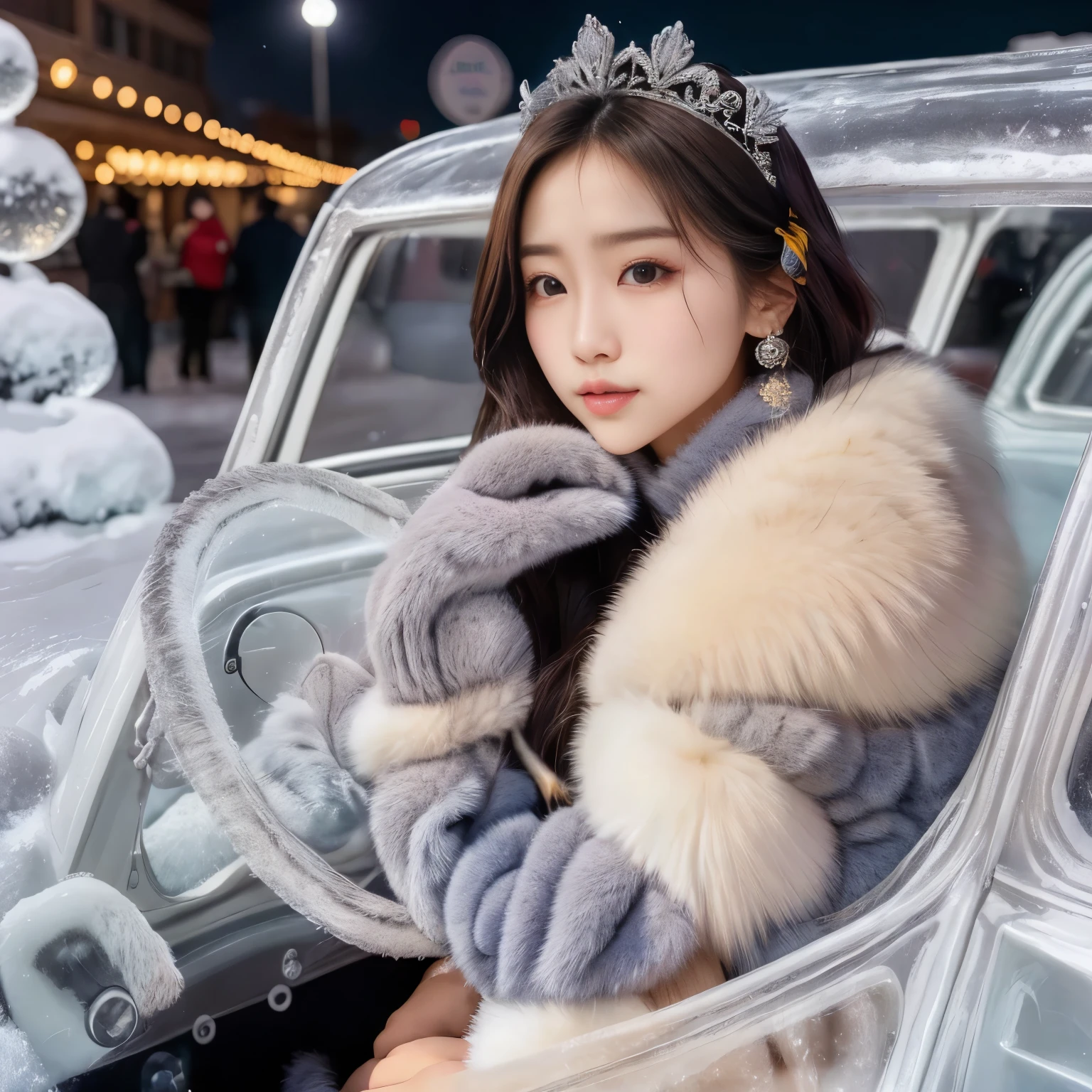 Arafi woman riding in a car with a tiara and a fur stole, winter princess, iceのように冷たい! 🧊, ice, Ulzzang, Dilraba Dilmurat, Larisa Manobar, iceのプリンセス, iceの女王, winter queen, iceの玉座に座っている, Shahi, korean female fashion model, gorgeous young korean woman, Shin Jin Young