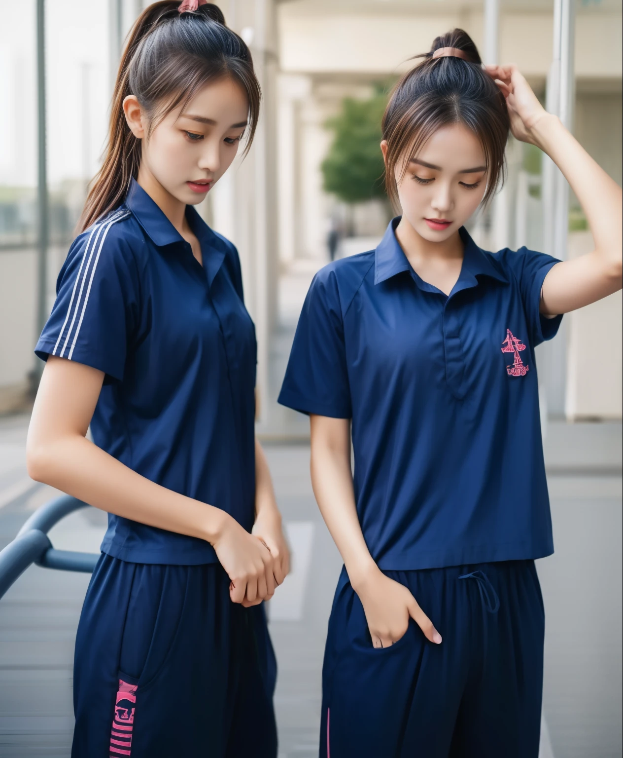 3 girls in fitness center, Navy blue short-sleeved shirt,Navy Long Trackpant,Sweatpants, Sweatpantsขายาว,25 year old girl, lesbian, sexy, exercise clothes, wet body, exercise clothes