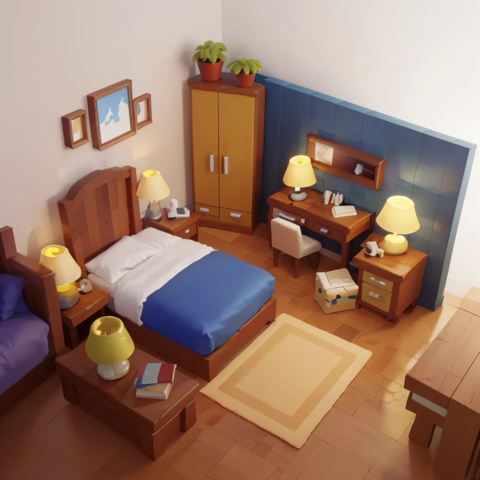 (Isometric perspective:1.5), (1 Room model , bed,sofa, desk lamp, Desk, potted plants, wooden floors, wool carpets,TV, murals,windows), (white background :1.2), panoramic photo, Global illumination, Ray tracing, HDR, Unreal render , reasonable design, masterpiece, best quality, UHD, Cinematic lighting)